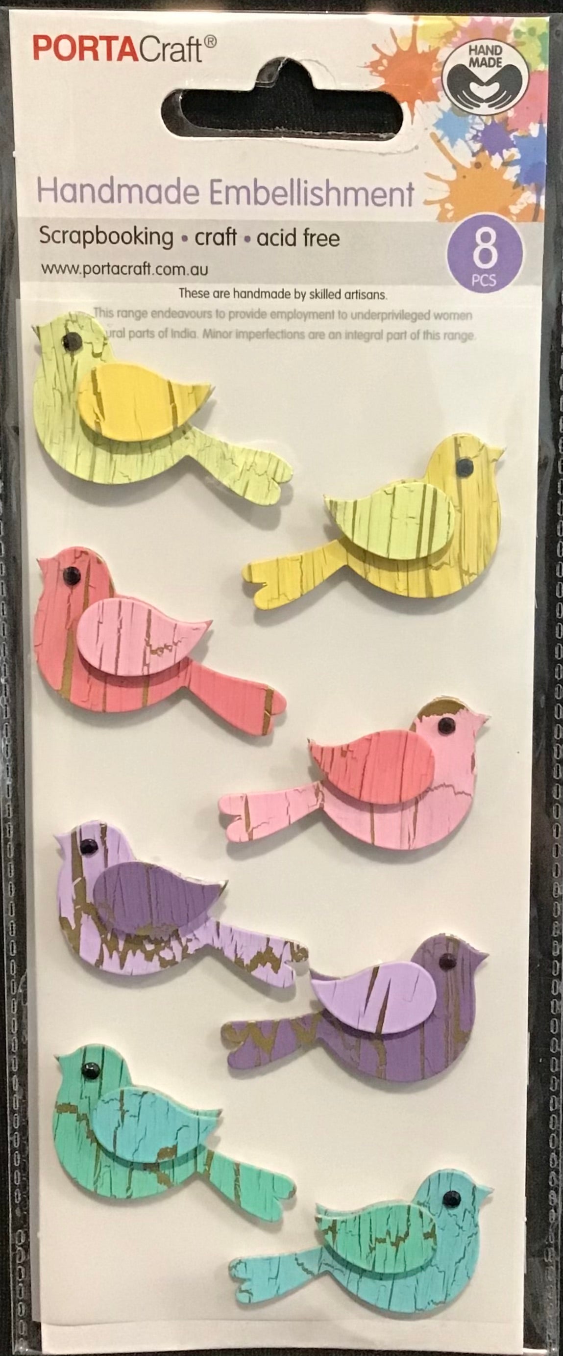 Porta Craft Handmade Embellishments - Coloured Birds - 8pc