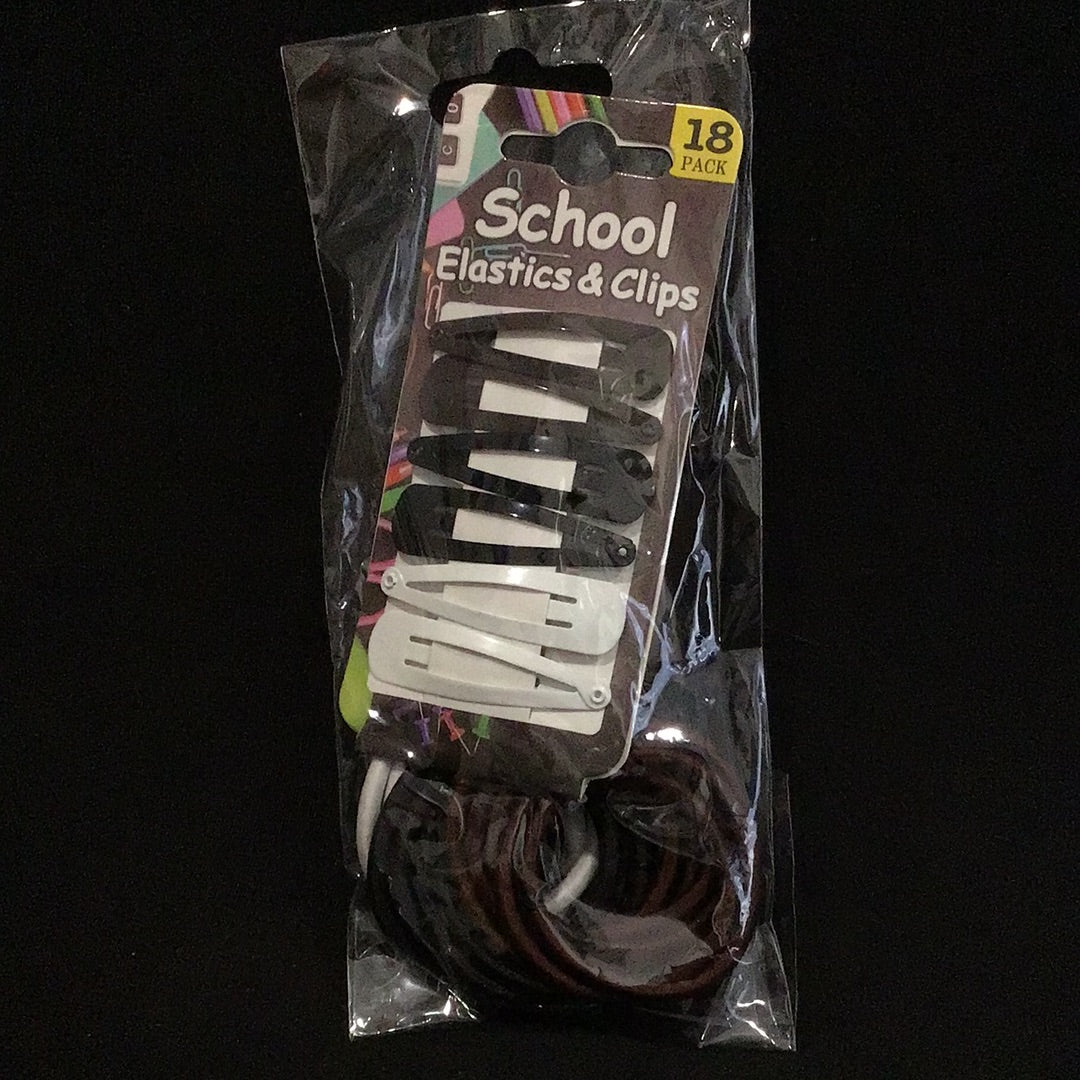 School Elastics and Clips - Brown/Black/White - 18 Pack