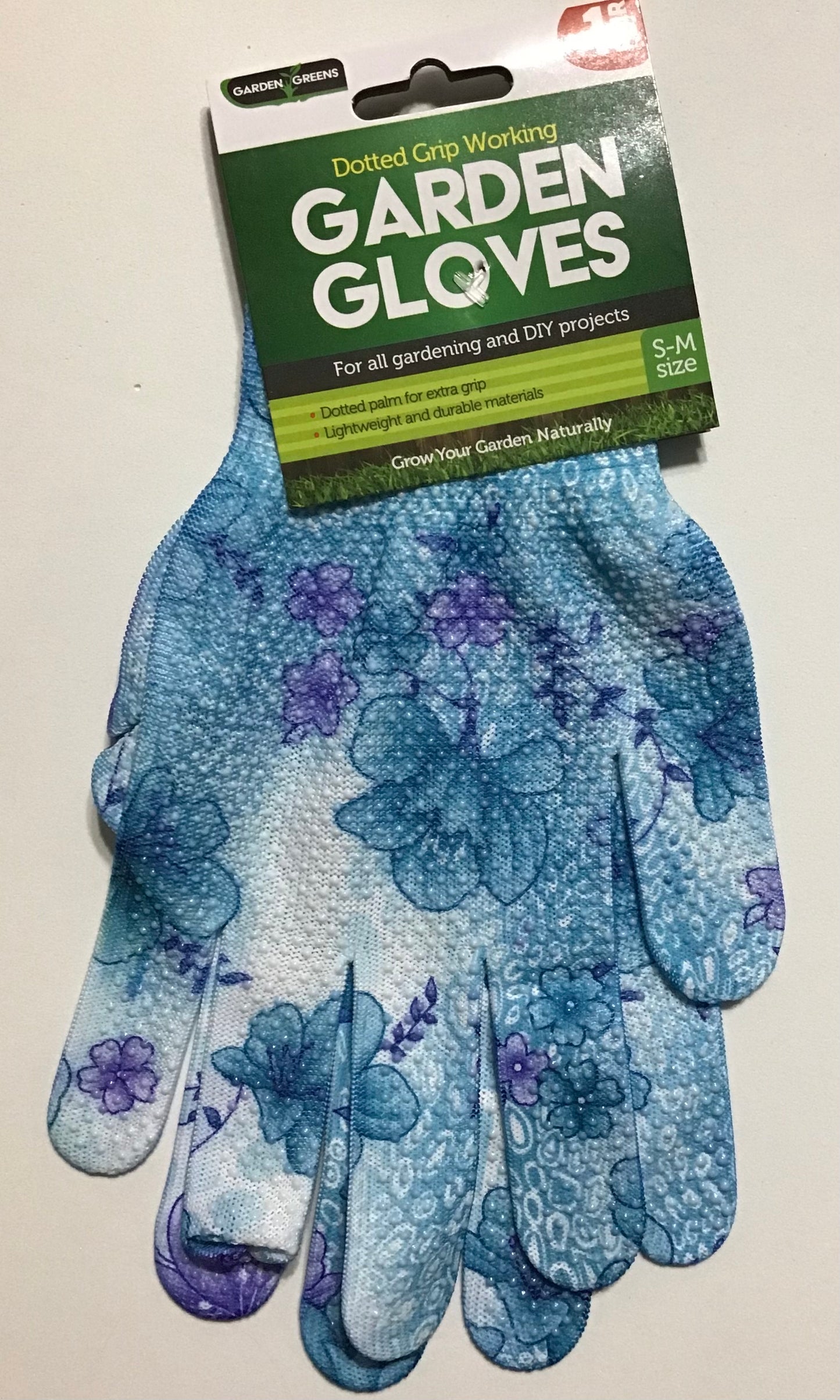 Dotted Grip Garden Gloves - 1 pair - Blue with Blue & Purple Flowers - Size-S-M