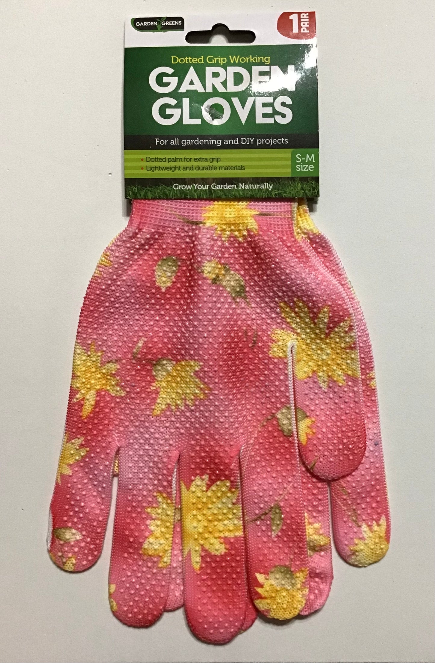 Dotted Grip Garden Gloves - 1 pair - Pink with Yellow Flowers - Size-S-M