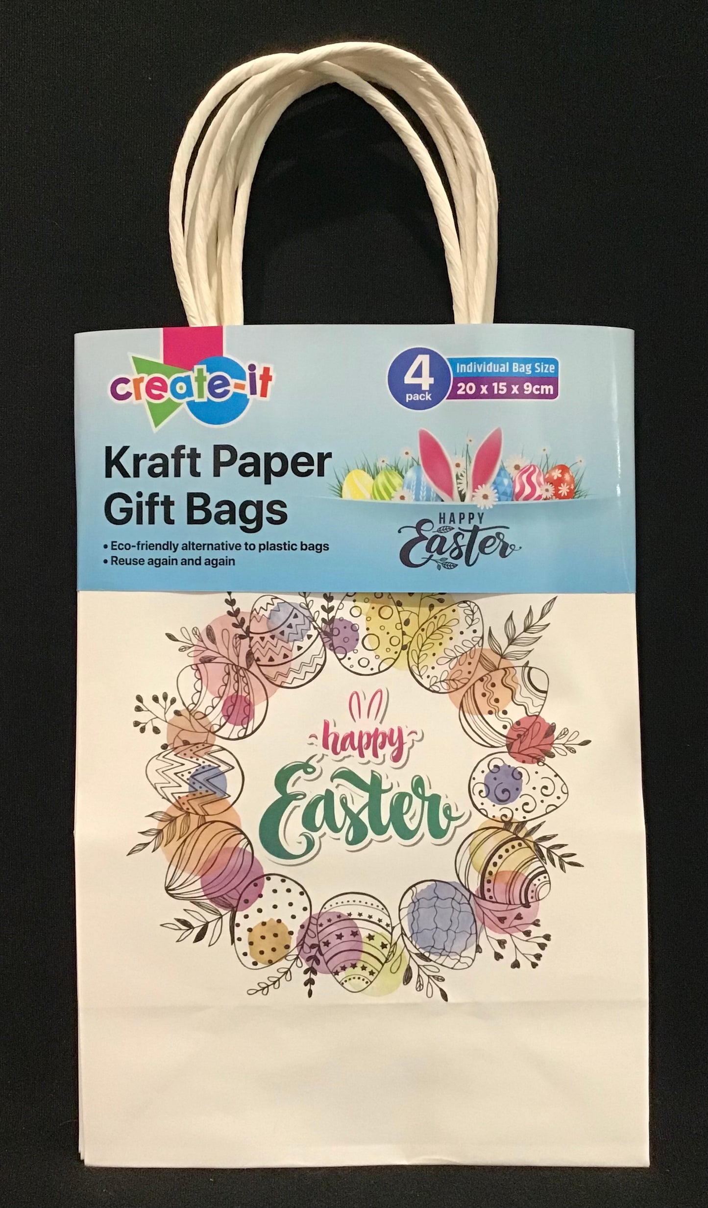 Gift Bags - Happy Easter - Wreath with Eggs/Leaves - 4pk - 20x15x9cm