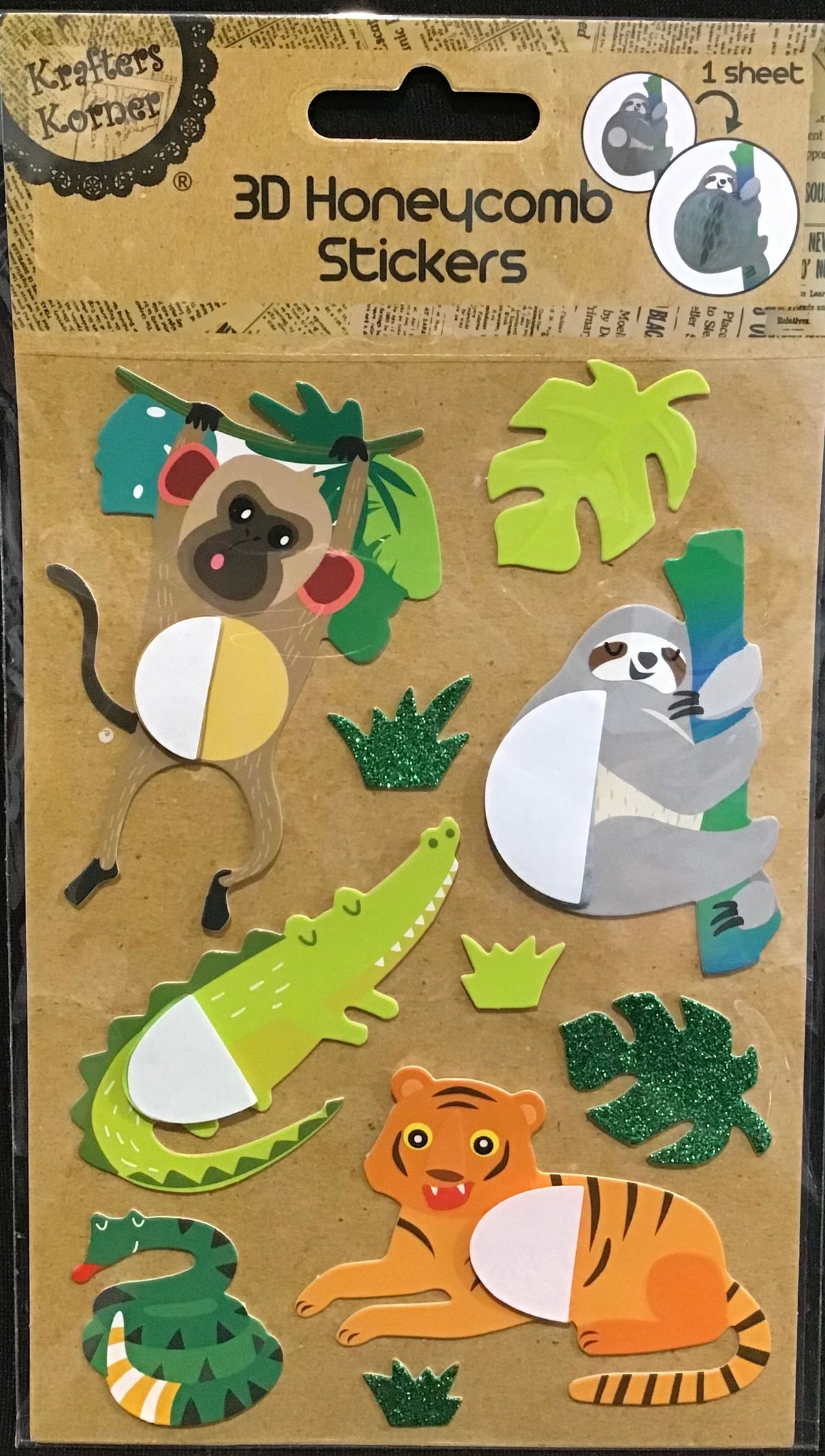 3D Honeycomb Stickers - Jungle Animal Theme - 10pc