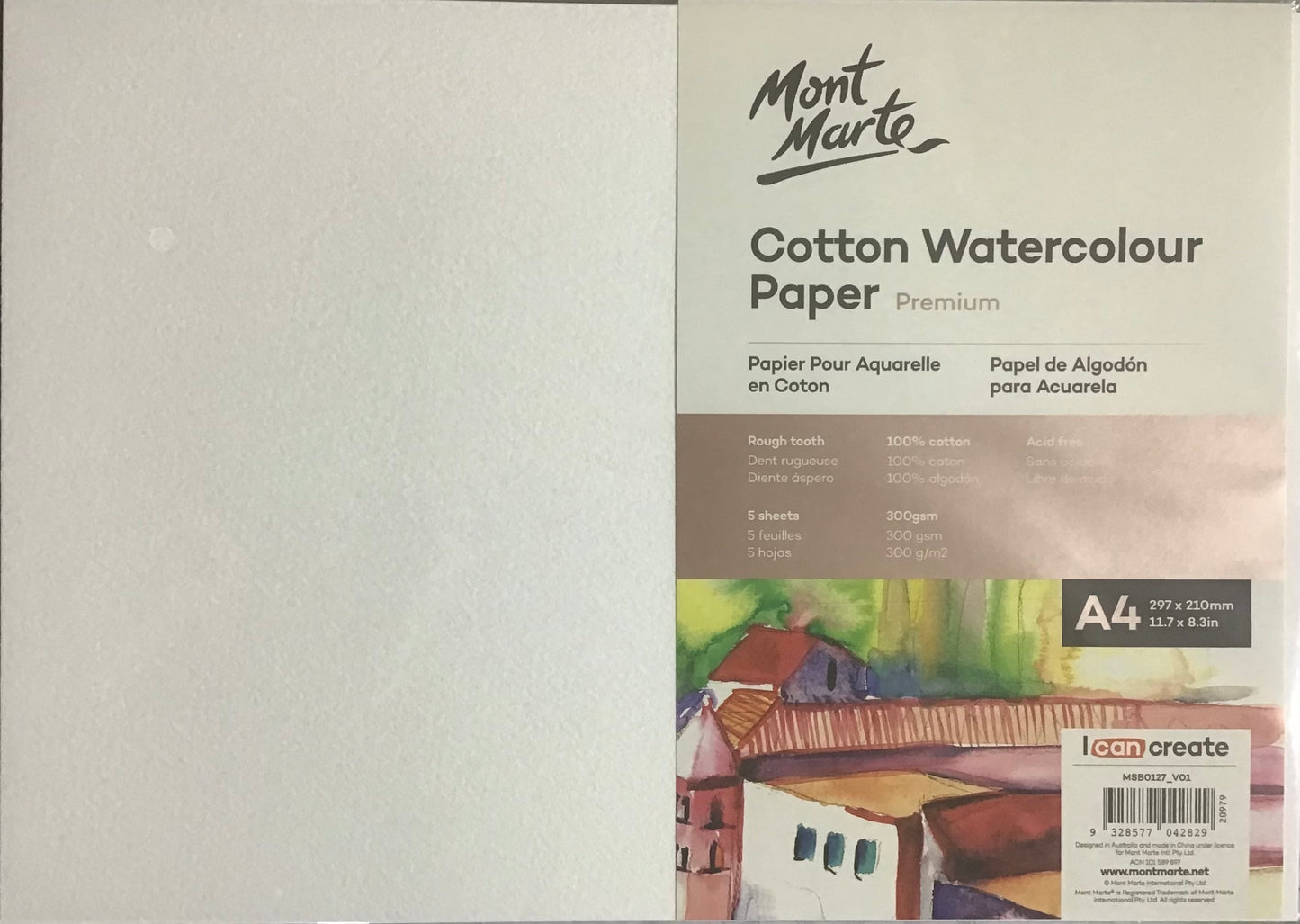 Mont Marte - Cotton Watercolour Paper - 5 Sheets - 300gsm - A4