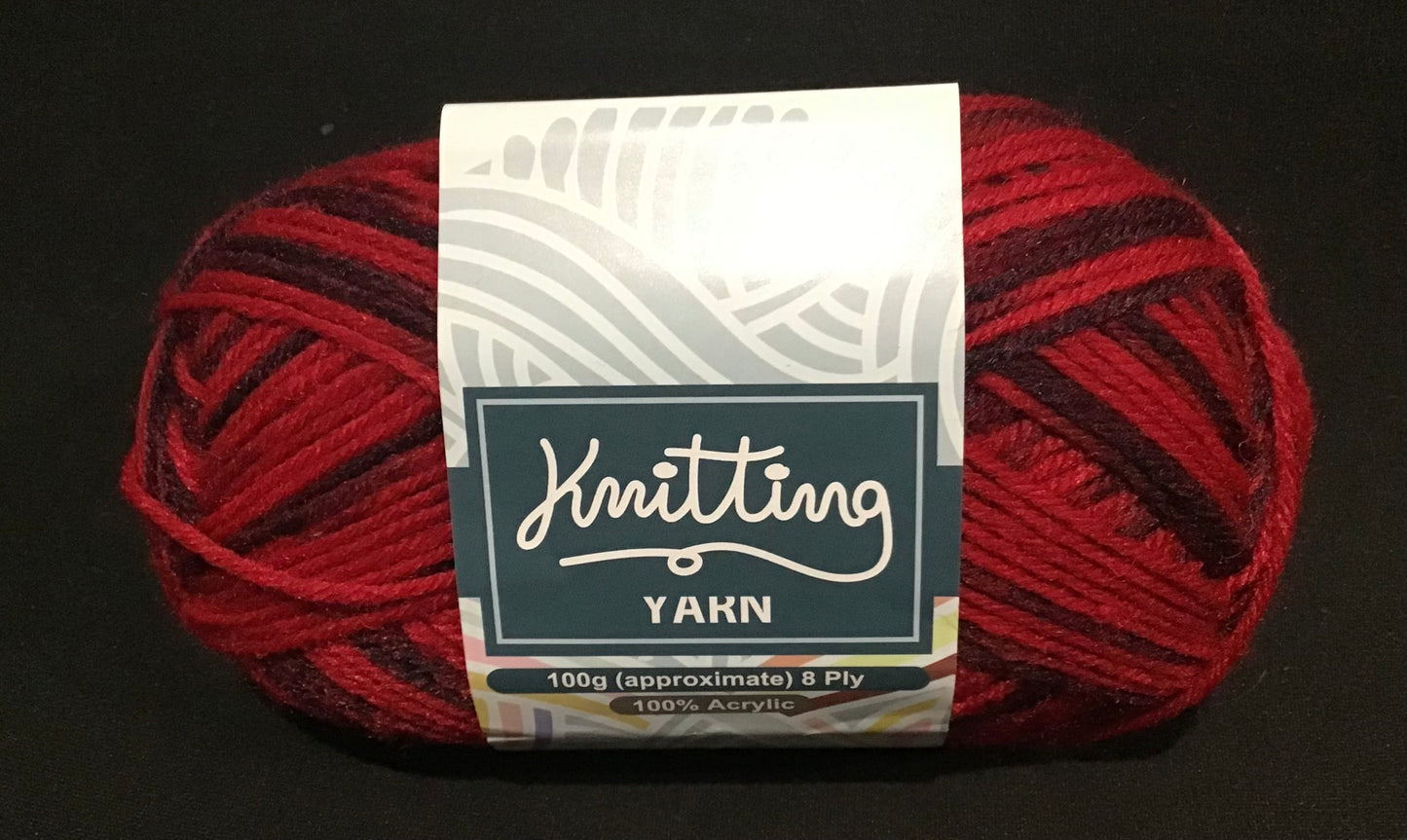 Knitting Yarn - 8 ply - Multi Reds - 100g - 100% Acrylic