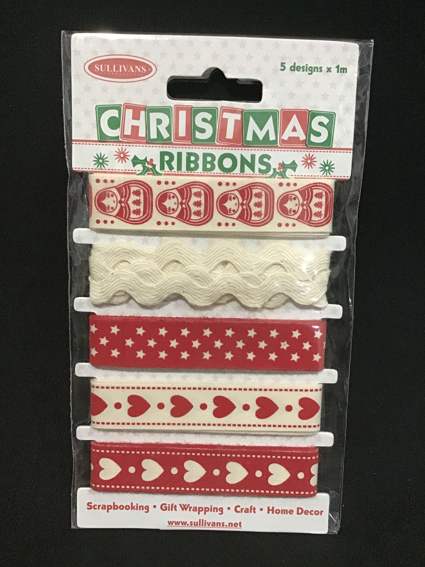 Christmas Ribbons - 5 Designs - 1m each - Red/Ivory