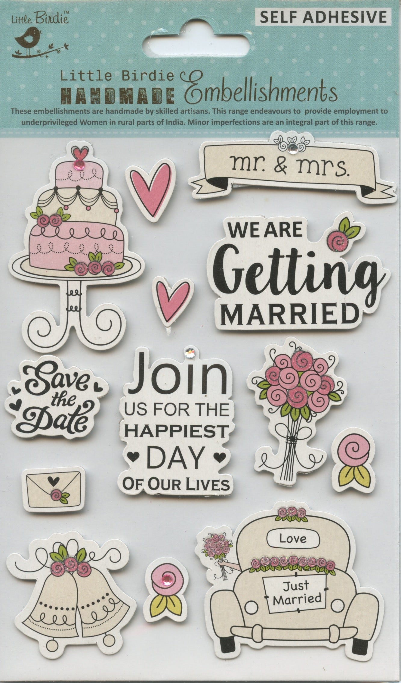 Little Birdie Handmade Embellishments Self/Adh - Marriage Bells - 13 pc