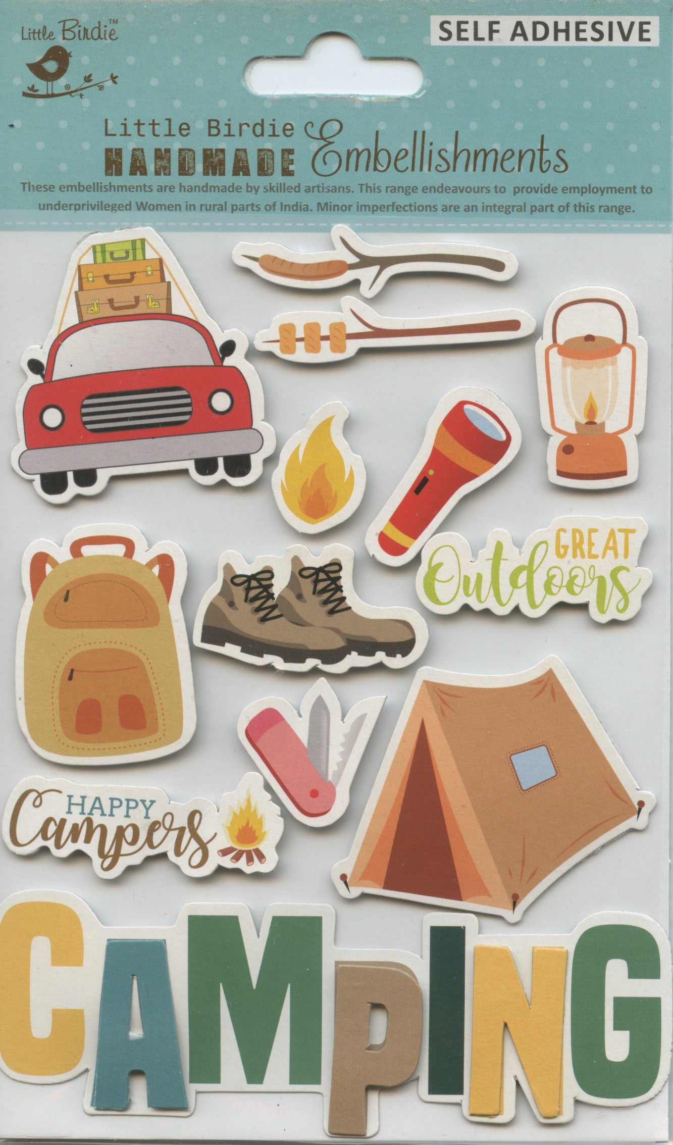 Little Birdie Handmade Embellishments Self/Adh - Camping Theme - 13 pc