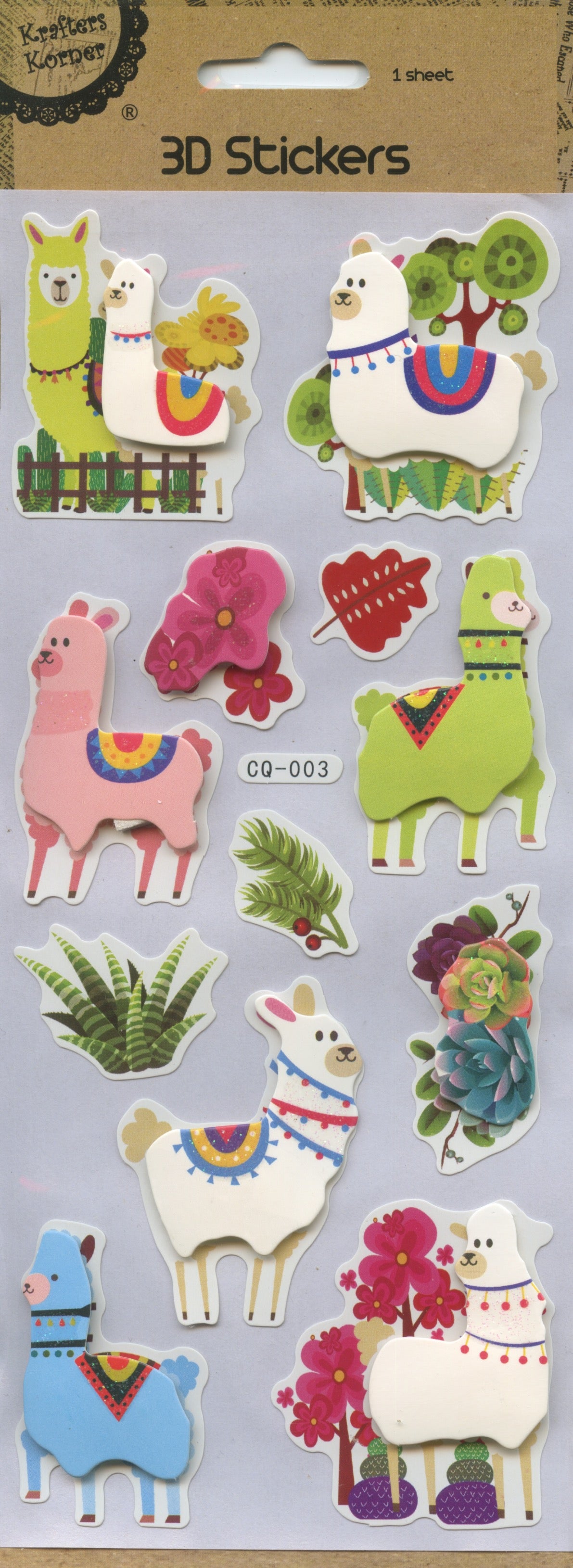 3D Stickers - Llamas With Ferns and Flowers - 12 pc