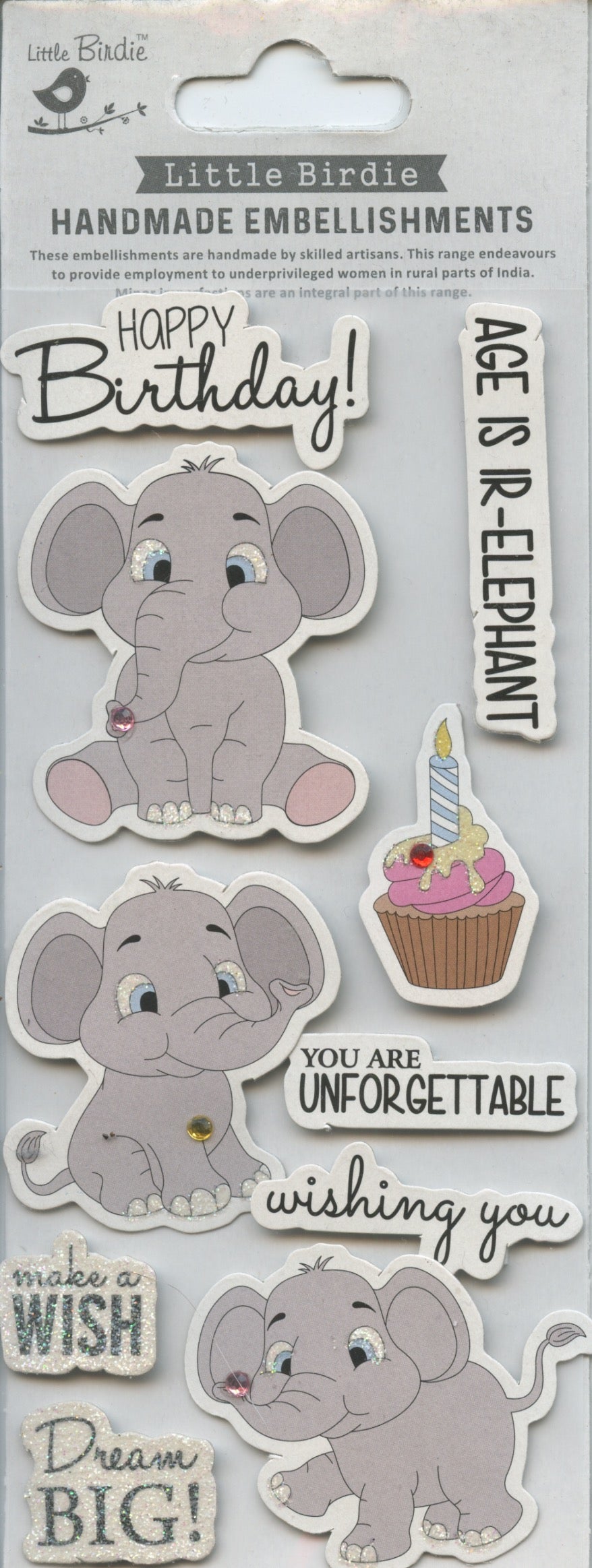 Little Birdie Handmade Embellishments Self/Adh -Elephant Birthday Wishes -10pc