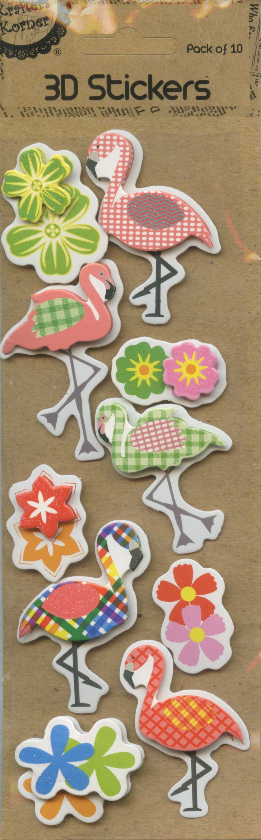 3D Self Adhesive Stickers - Pack of 10 - Fun Flamingoes