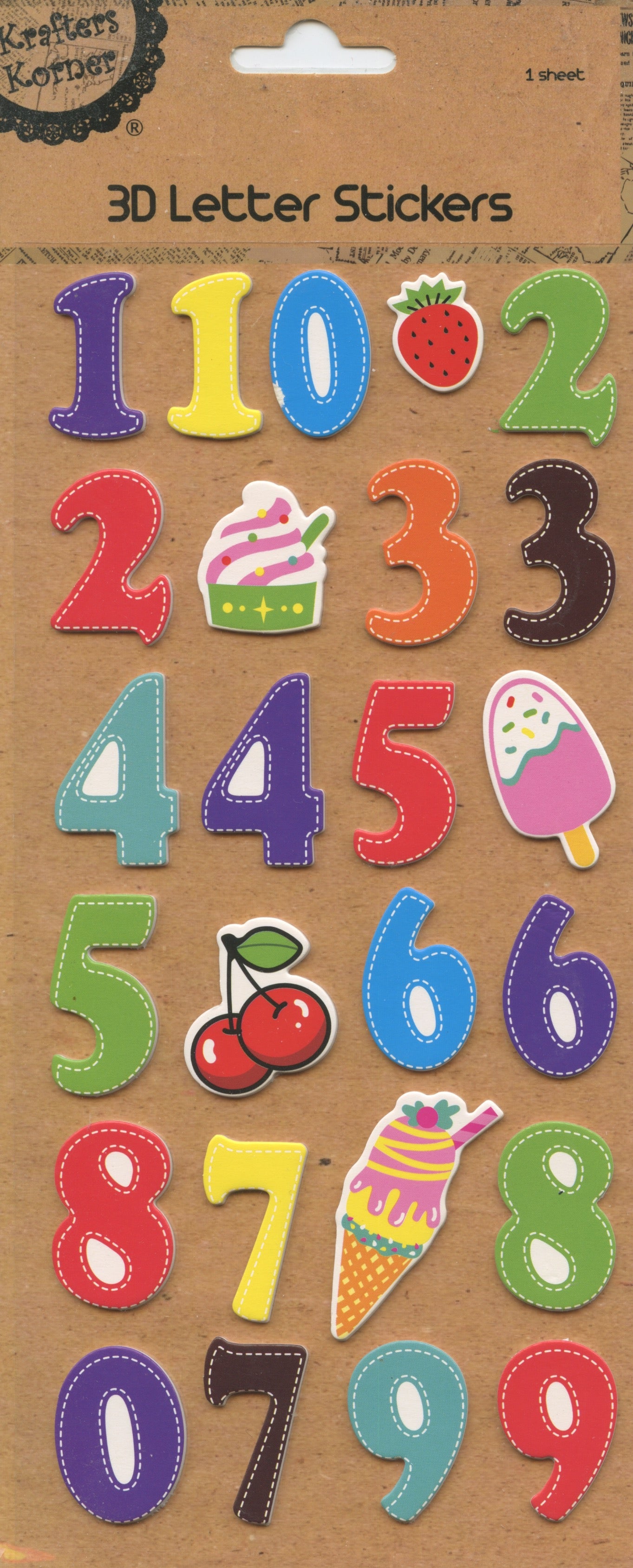 3D Colourful Number Stickers - Stitch look - 1 Sheet - 25 pk - Pack #3
