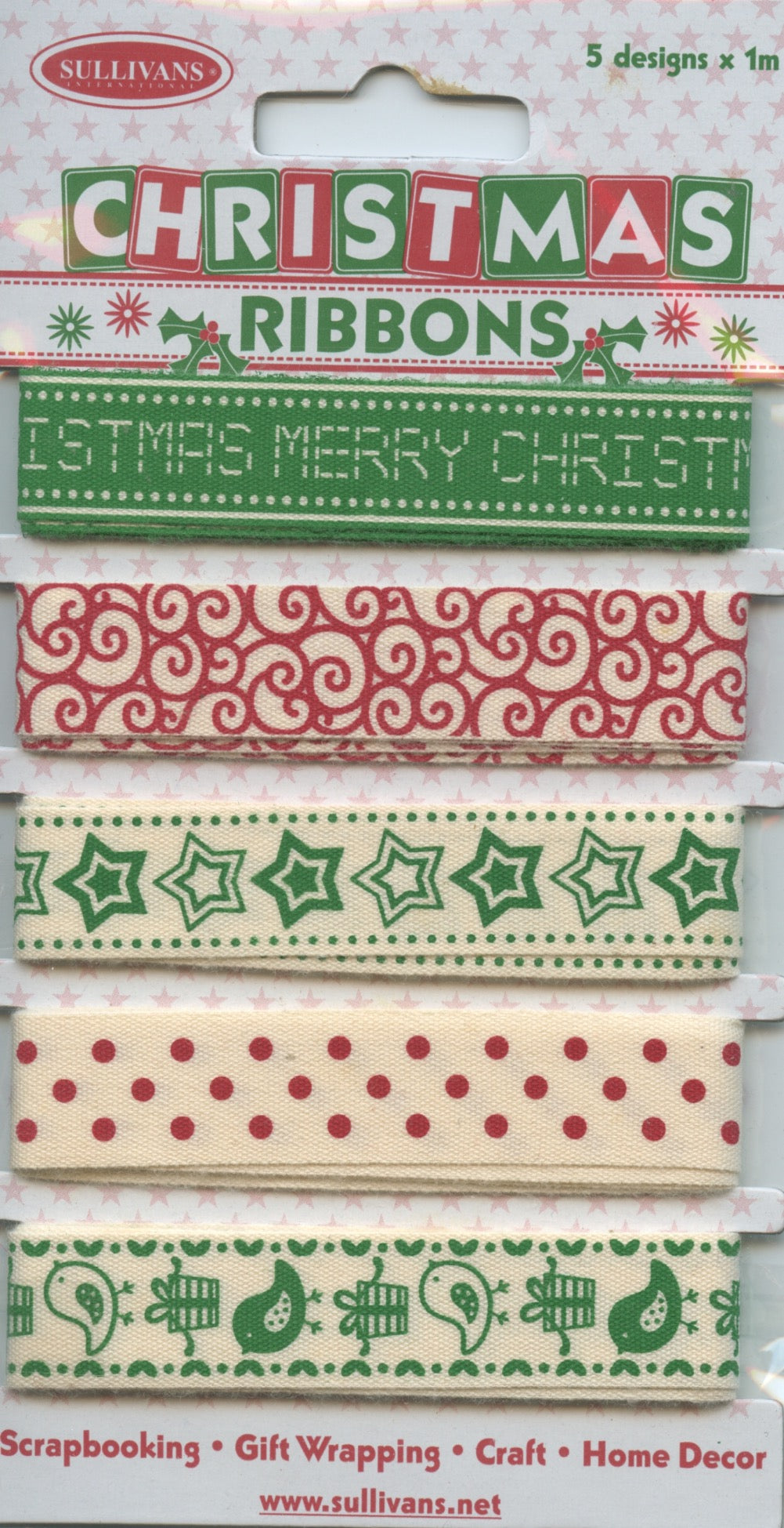 Christmas Ribbons - 5 Designs - 1m each - Red/Green/Ivory