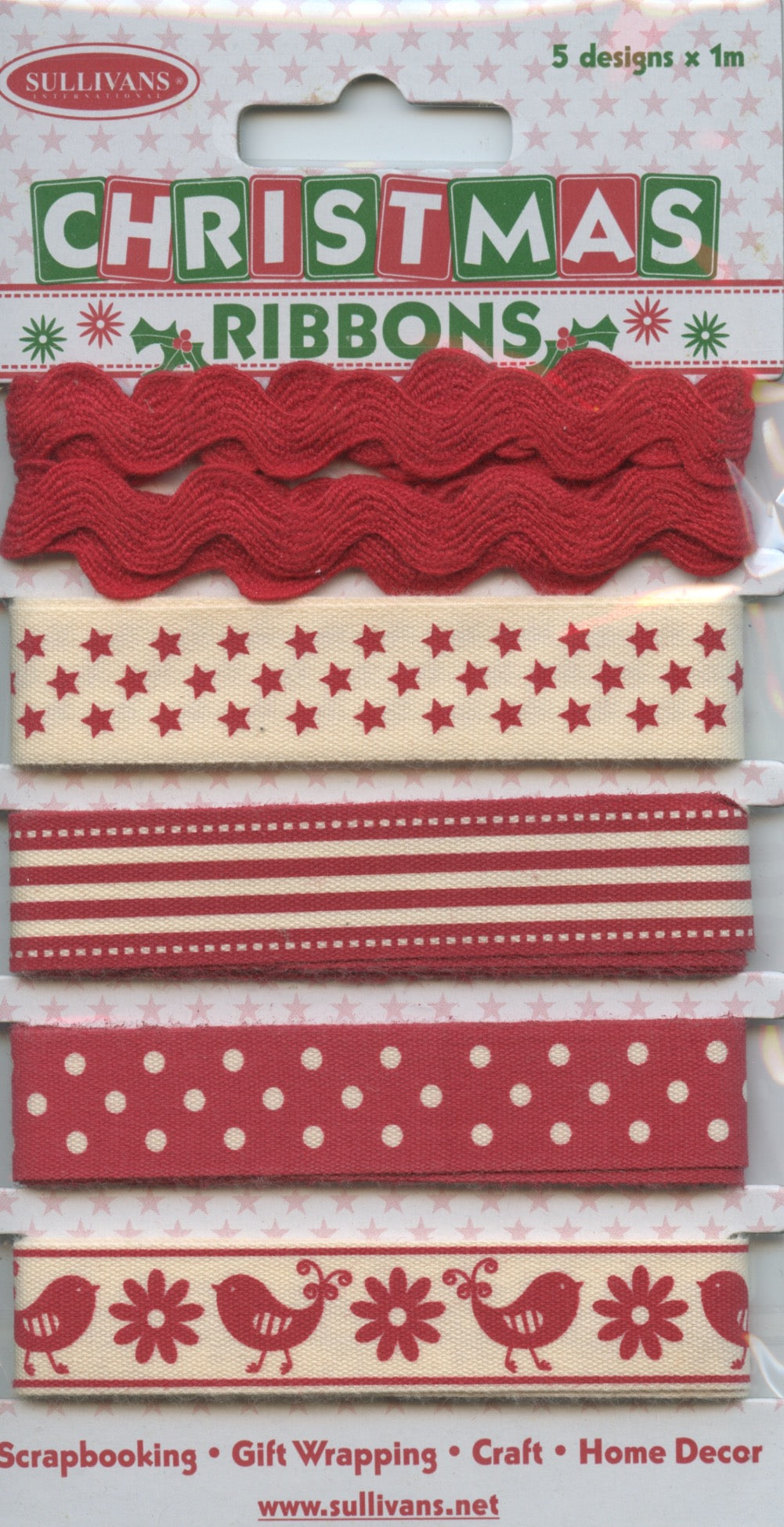 Christmas Ribbons - 6 Designs - 1m each - Red/Ivory
