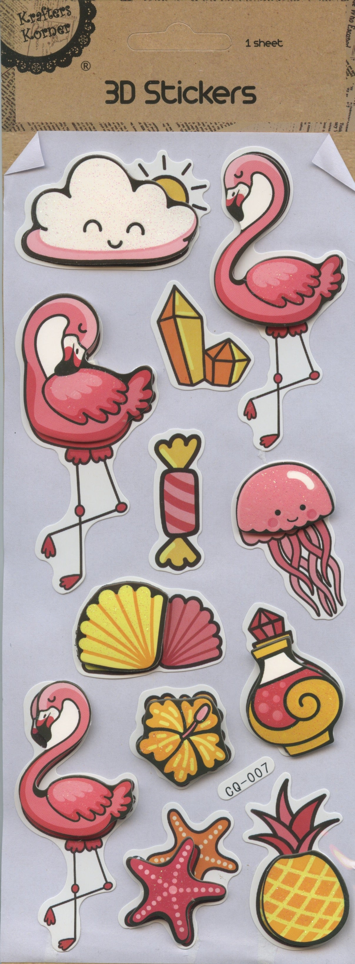 3D Stickers - Flamingoes, Jellyfish, Shells etc - 12 pc