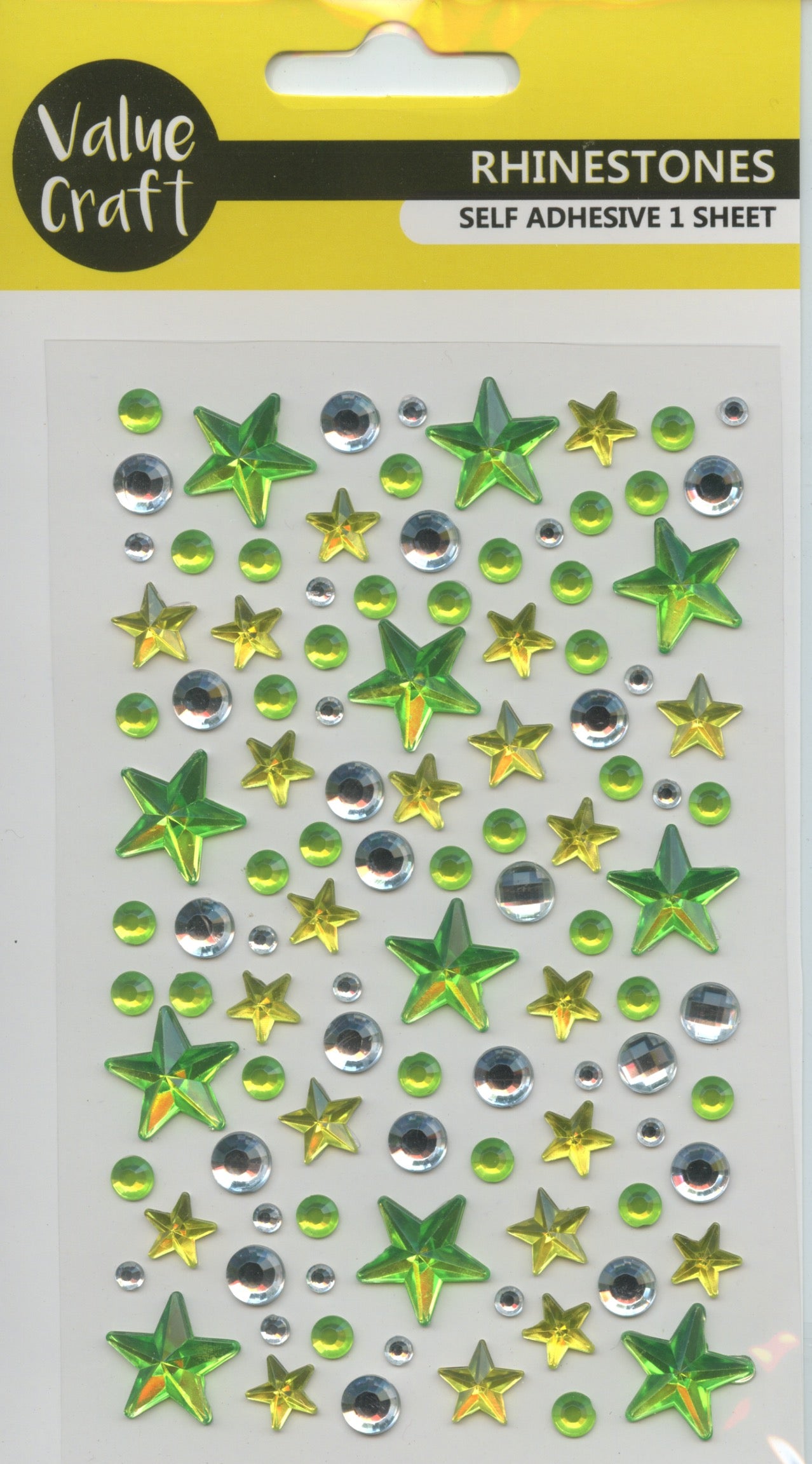 Rhinestones- Green/Yellow/Silver - Stars and Circles - 1 sheet