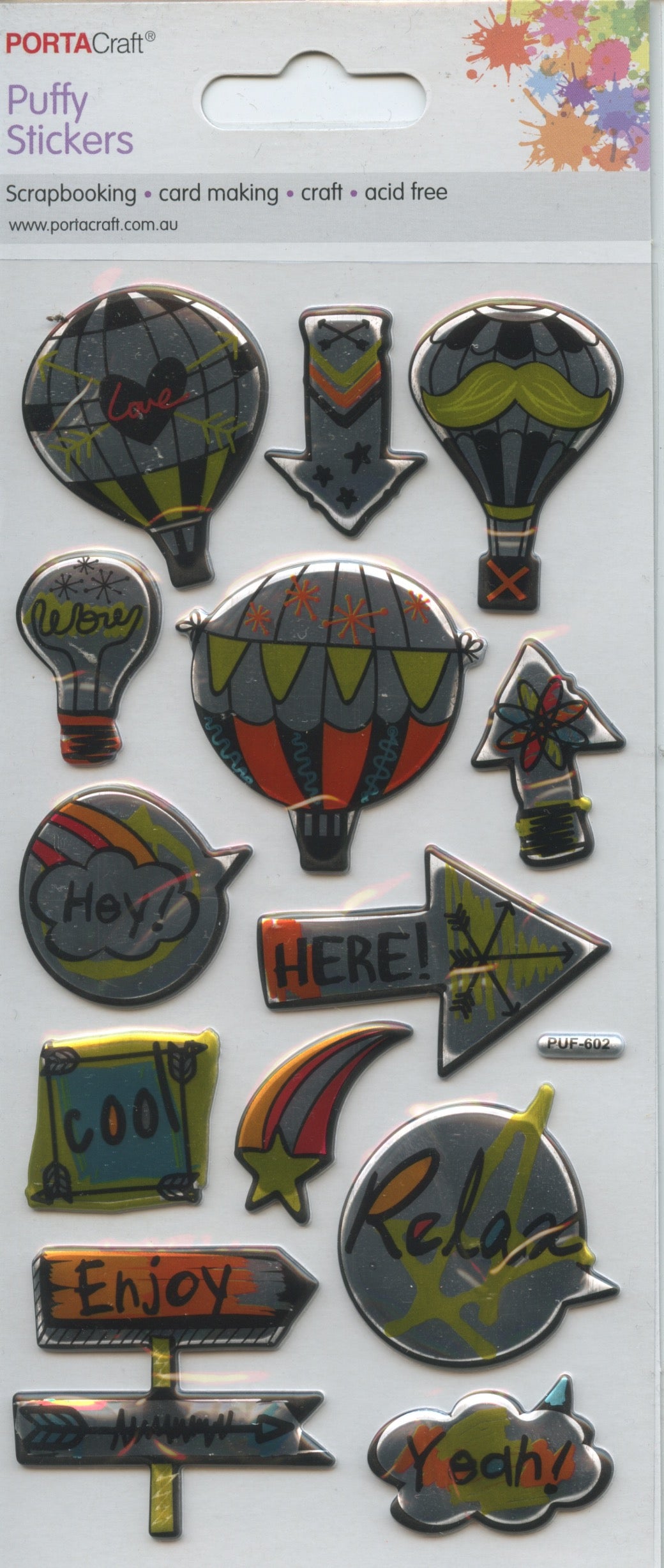 Puffy Stickers - Hot Air Balloons/wording Theme - 13 pack