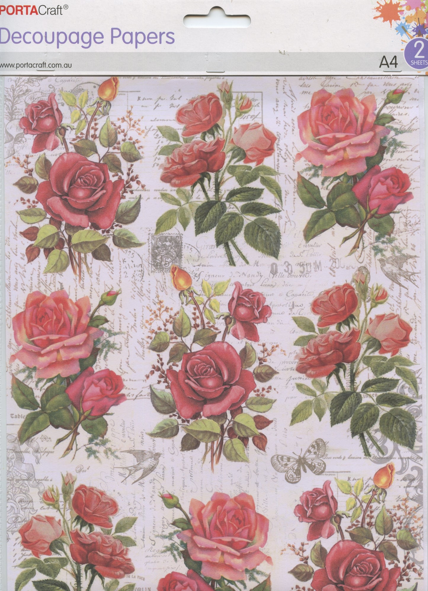 Decoupage Paper - Red Roses - A4 - 2 Sheets