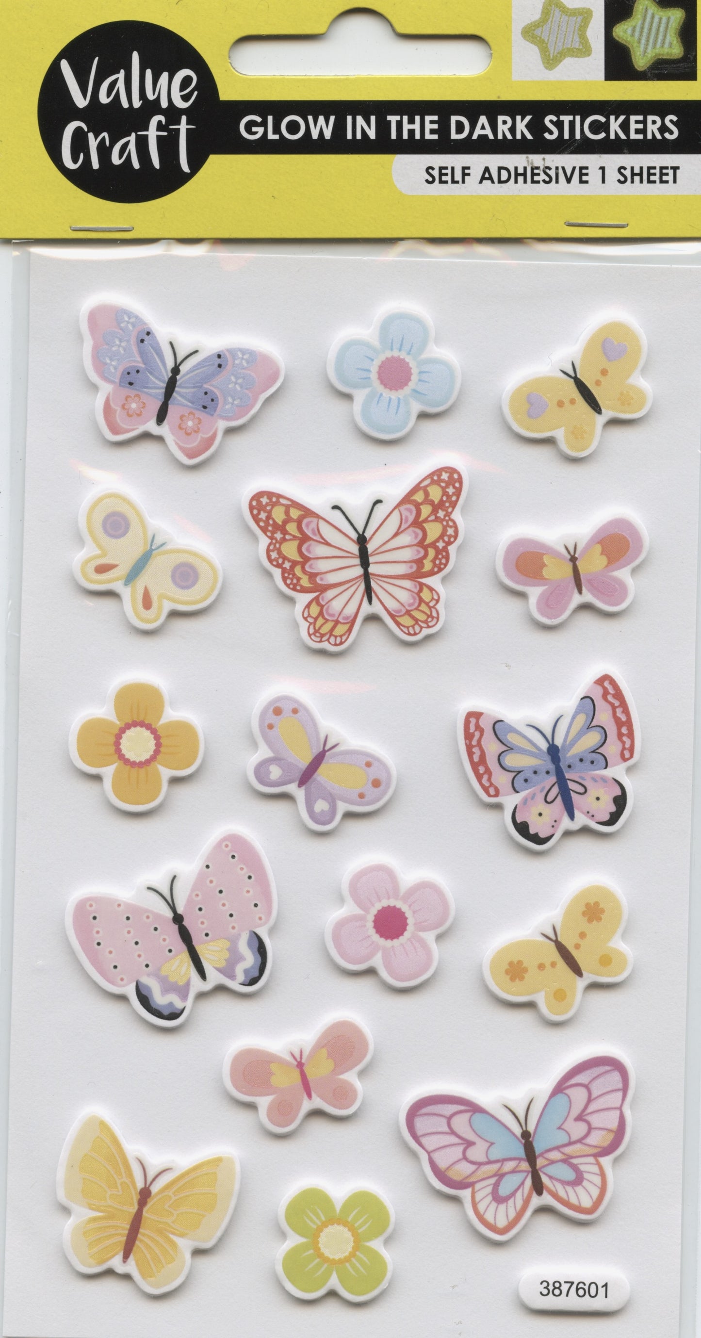 Glow in the Dark - Butterflies and Flowers - 1 Sheet - 16 pcs