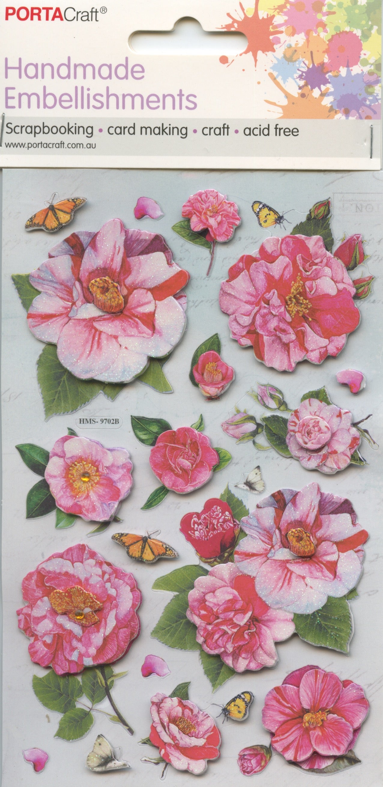 Handmade Embellishments Stickers - Flowers & Butterflies #9702B - Pinks - 14pk