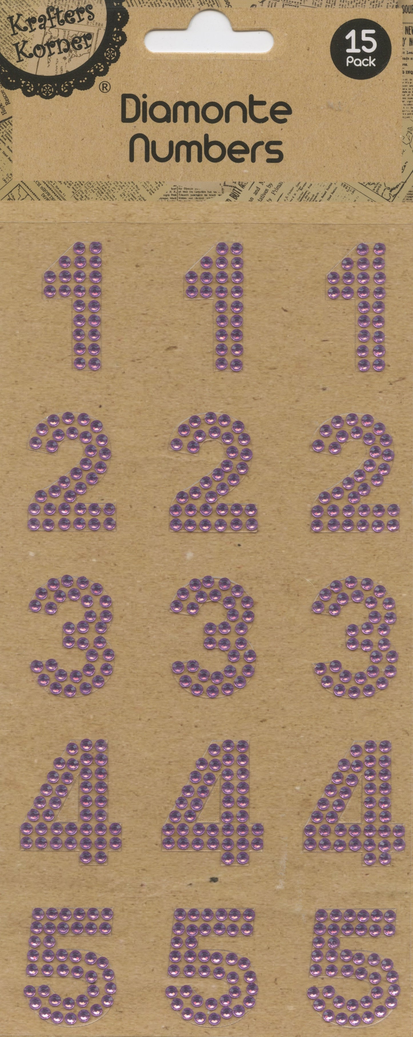 Diamanté Numbers 1-5 - Stickers - Purple - 15 pk