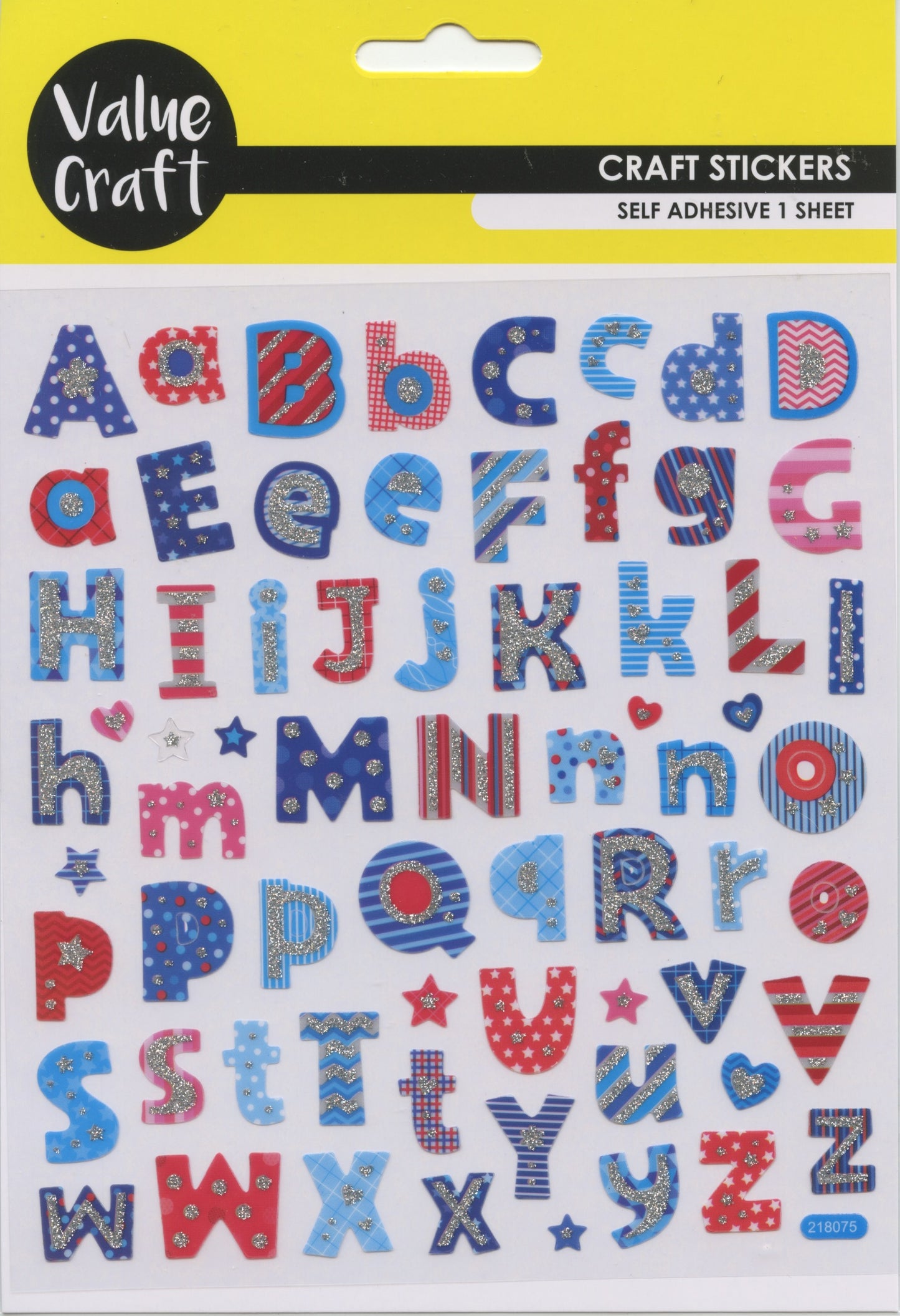 Glitter Alphabet - Spots/Stripes Self Adhesive Stickers - 1 sheet
