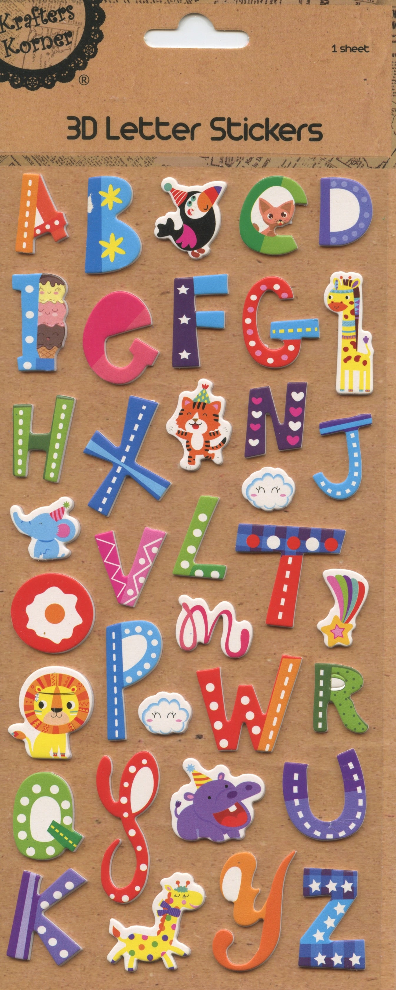 3D Colourful Letter Stickers - Dots and Stripes - 1 Sheet - 36 pk - Pack #8