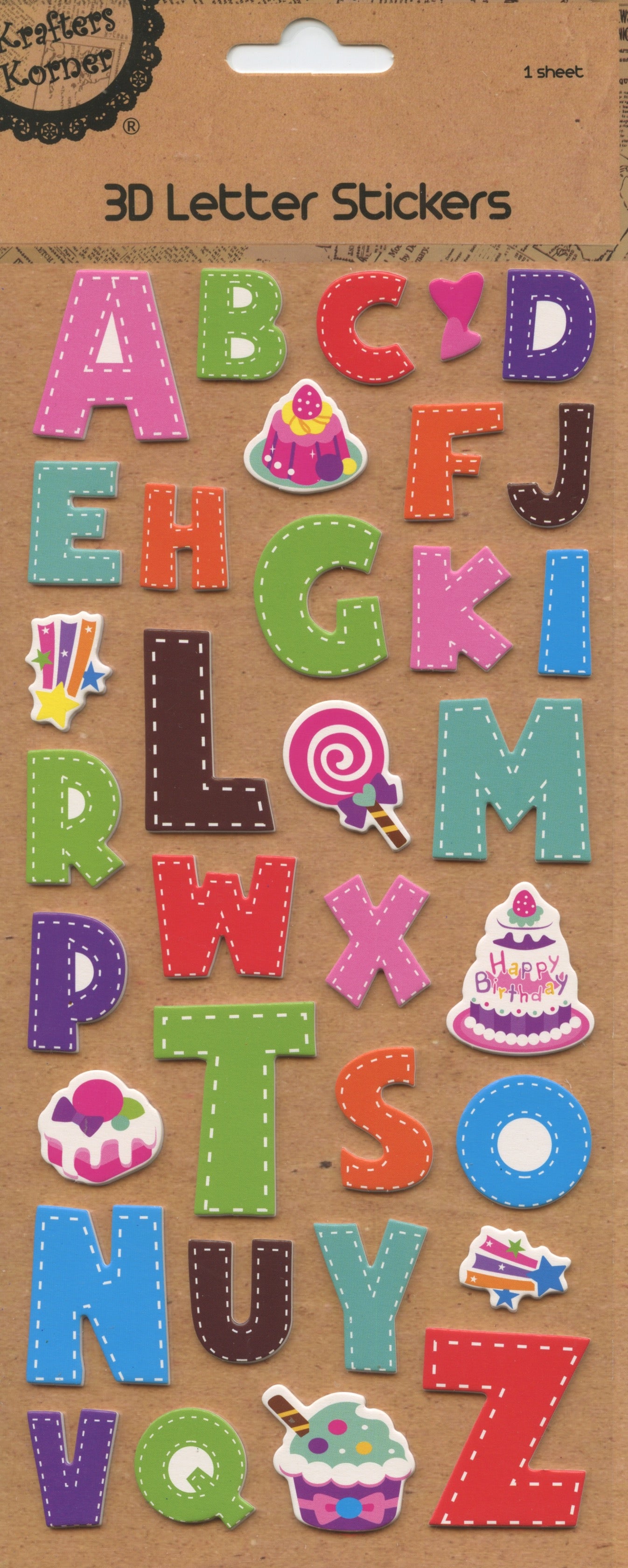 3D Colourful Letter Stickers with stitch look- 1 Sheet - 35 pk - Pack #9