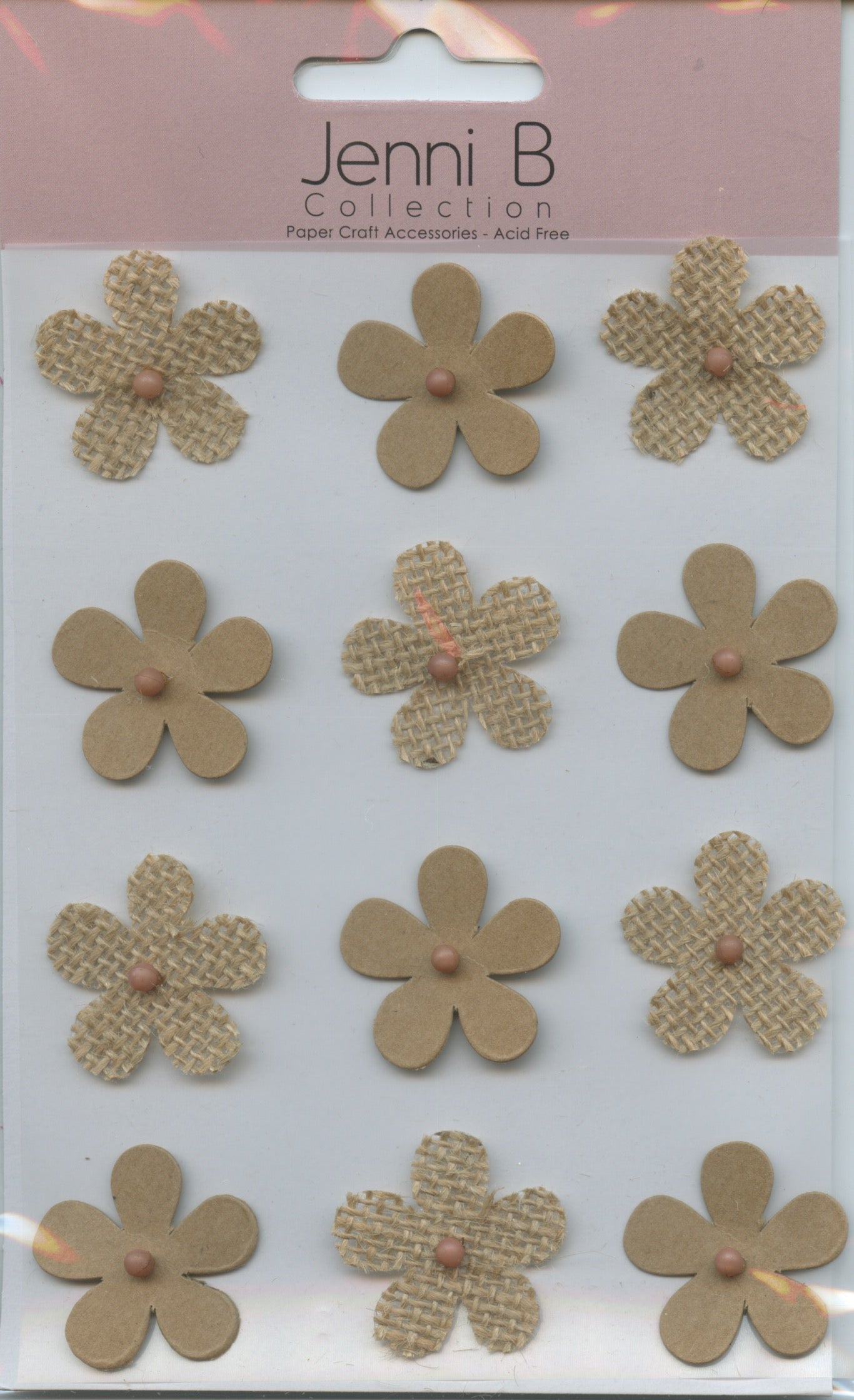 Jenni B Collection - Flowers Burlap/Kraft Self Adhesive Embellishments - 12 pc