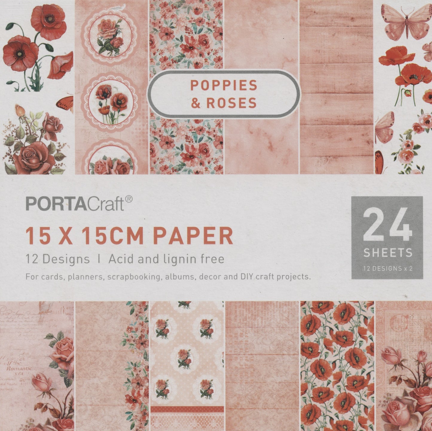 Poppies & Roses - Scrapbooking Paper Pad - 24 sheets - 15x15cm
