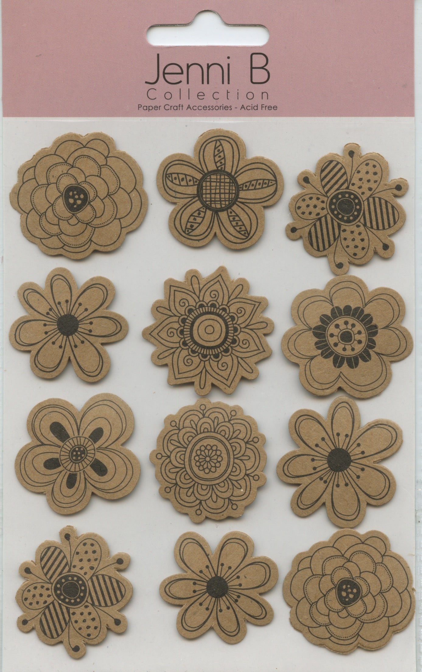 Jenni B Collection - Blossom Print/Kraft - Self Adhesive Embellishments - 12 pc