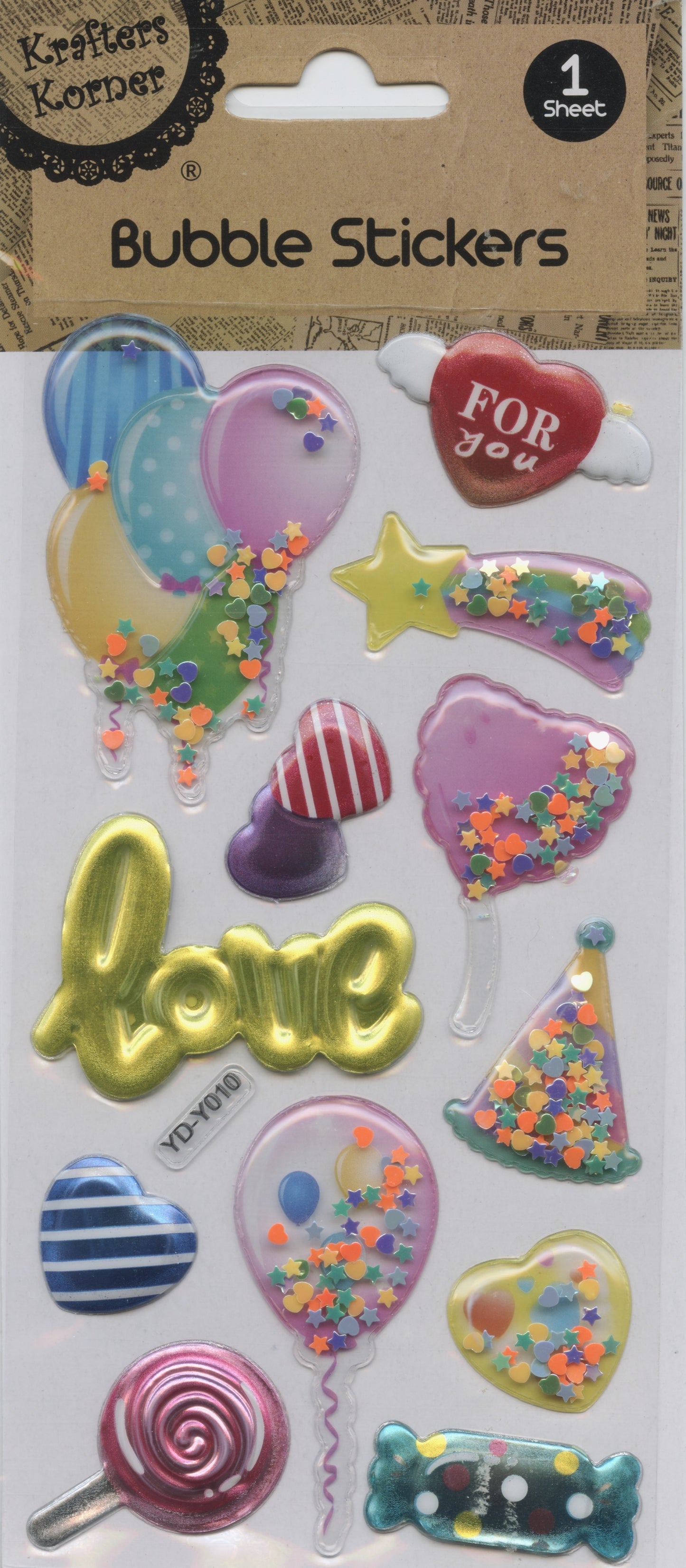 3D Bubble Stickers - Balloons/Hearts/Love - 1 Sheet - 12 pk