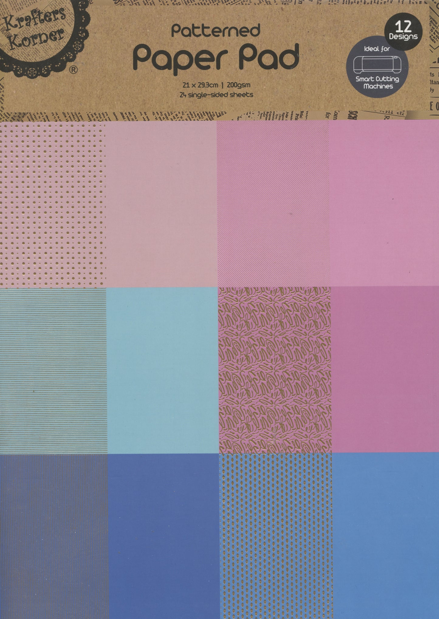 Patterns/Plain - Pinks/Blues - Paper Pad - 24 sheets - 12 designs - 21x29.3cm