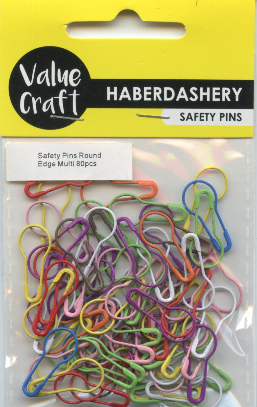Safety Pins - Assorted Colours - Round Edge Multi - 80 pack