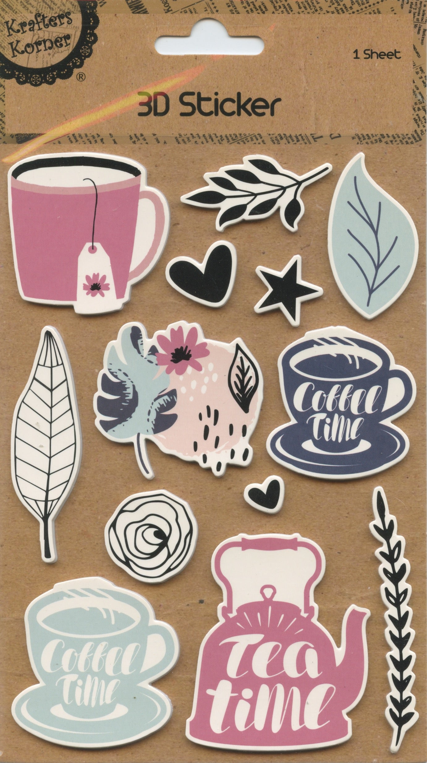 3D Sticker - Tea/Coffee theme with flower/leaves/shape - 1 sheet