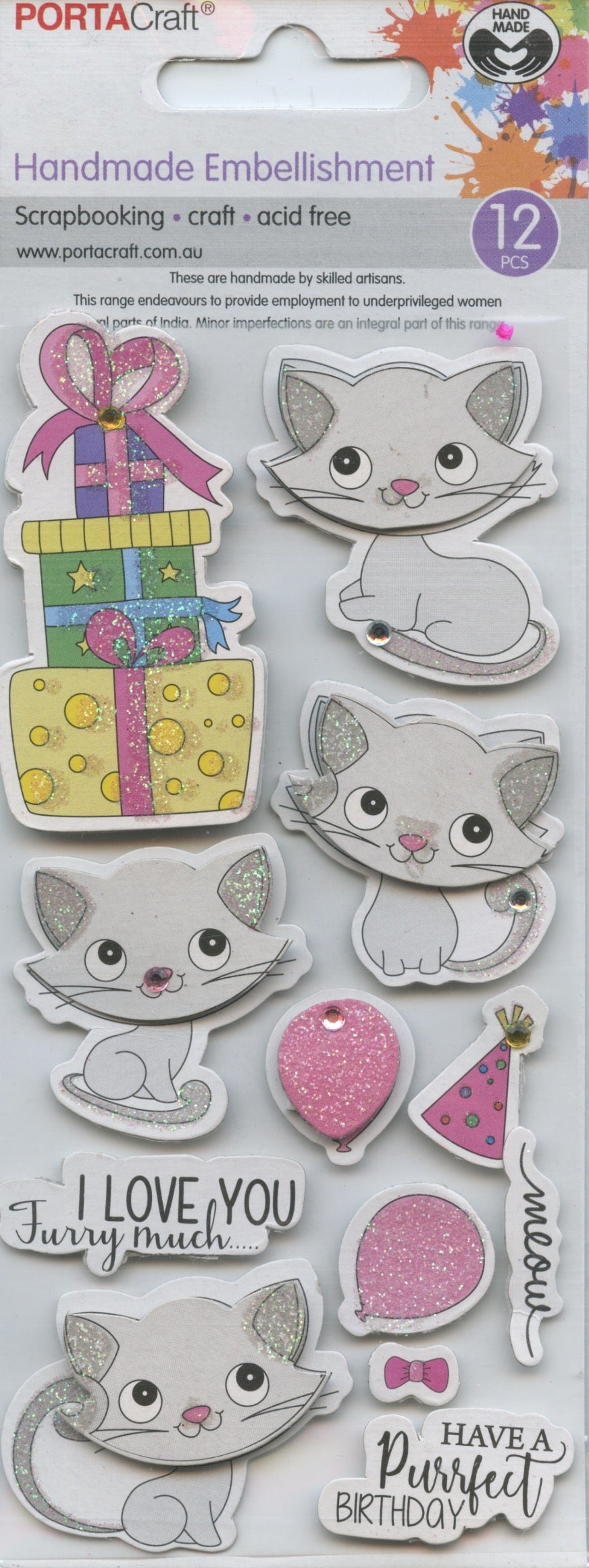 Porta Craft Handmade Embellishments Purrfect Birthday Cat 12pc
