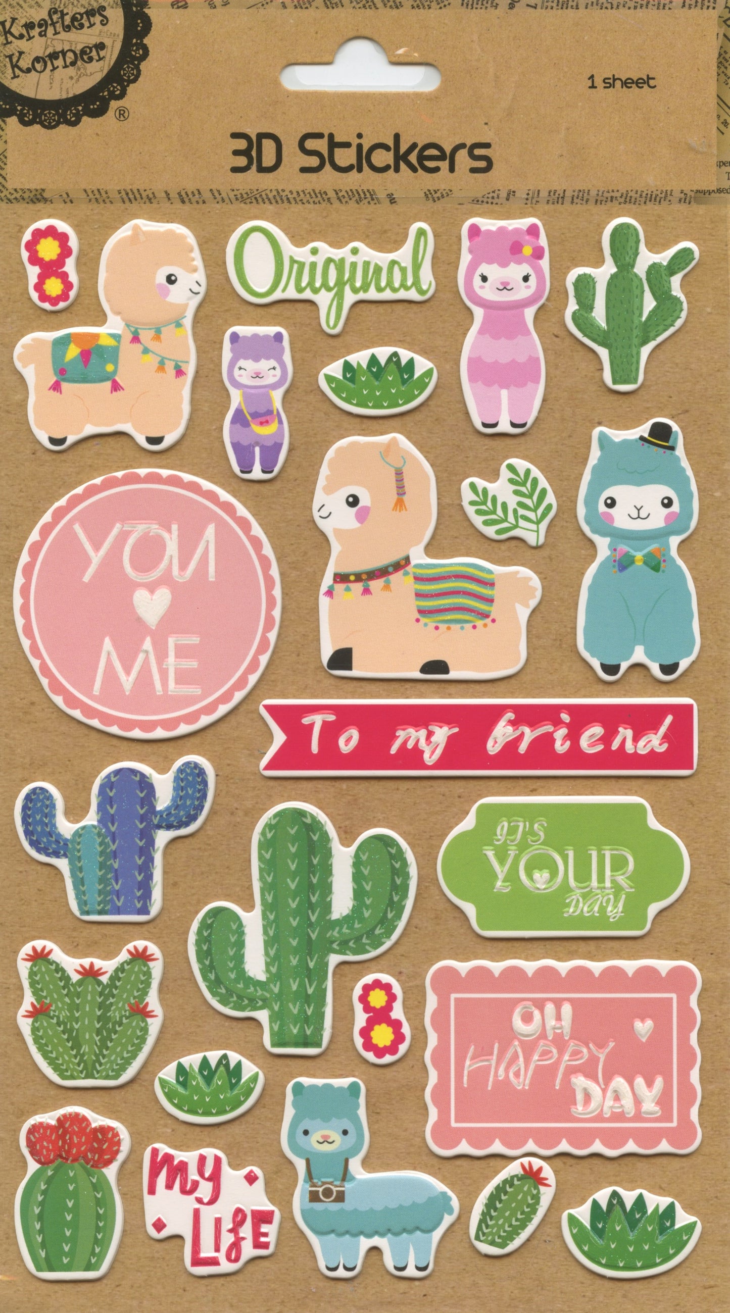 3D Self Adhesive Stickers - Llamas/Cacti - 25pc