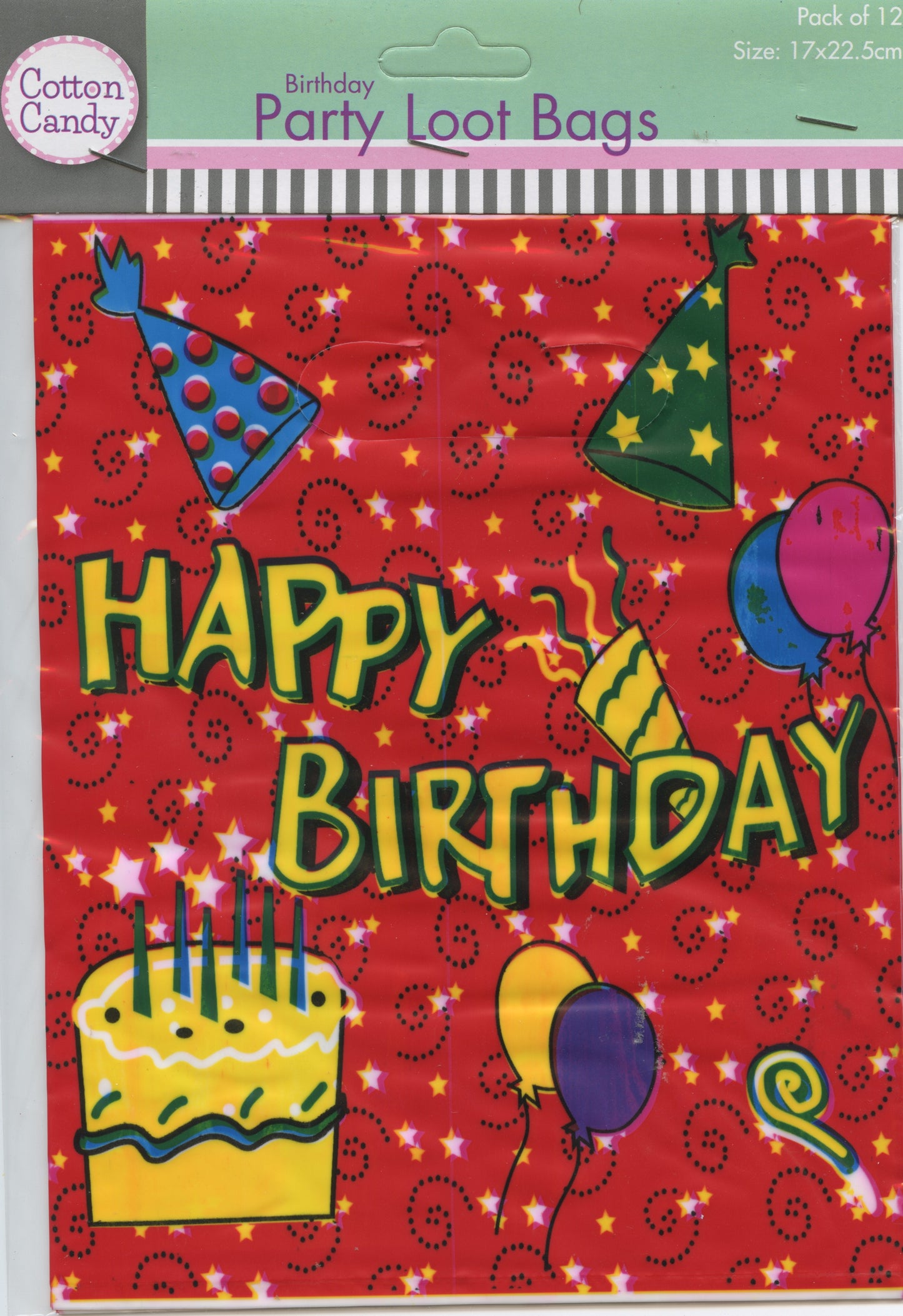 Birthday Party Loot Bags - Happy Birthday with Cake/Balloons/Hat #6 - 12 pack
