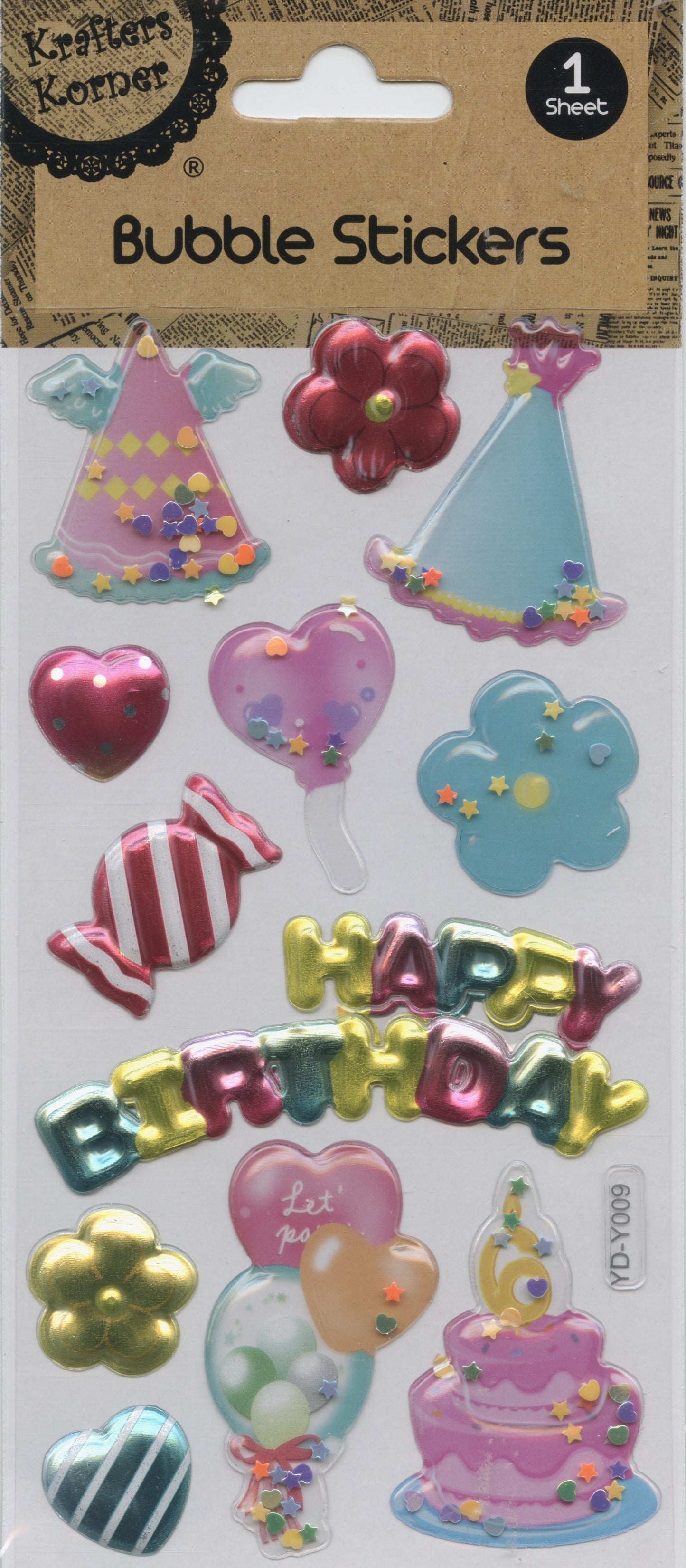 3D Bubble Stickers - Birthday/Cake/Hats - 1 Sheet - 13 pk