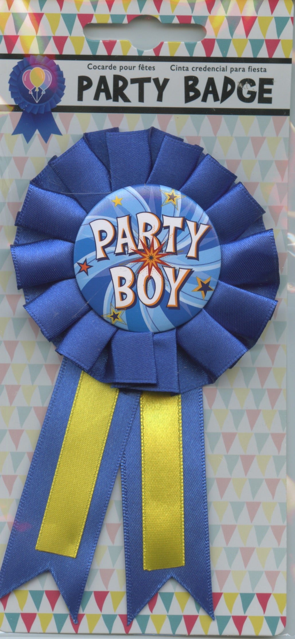 Birthday Badge with Pin - Party Boy with Blue Sash - 80mm Diameter
