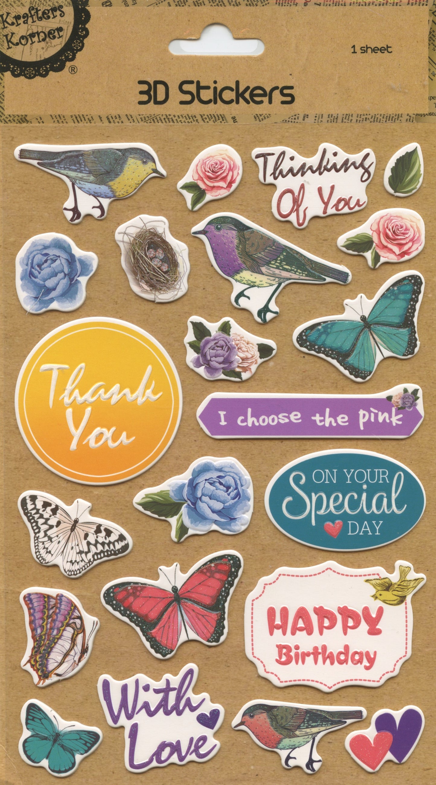3D Self Adhesive Stickers - Birds and Butterflies - 1 Sheet - 22 pc