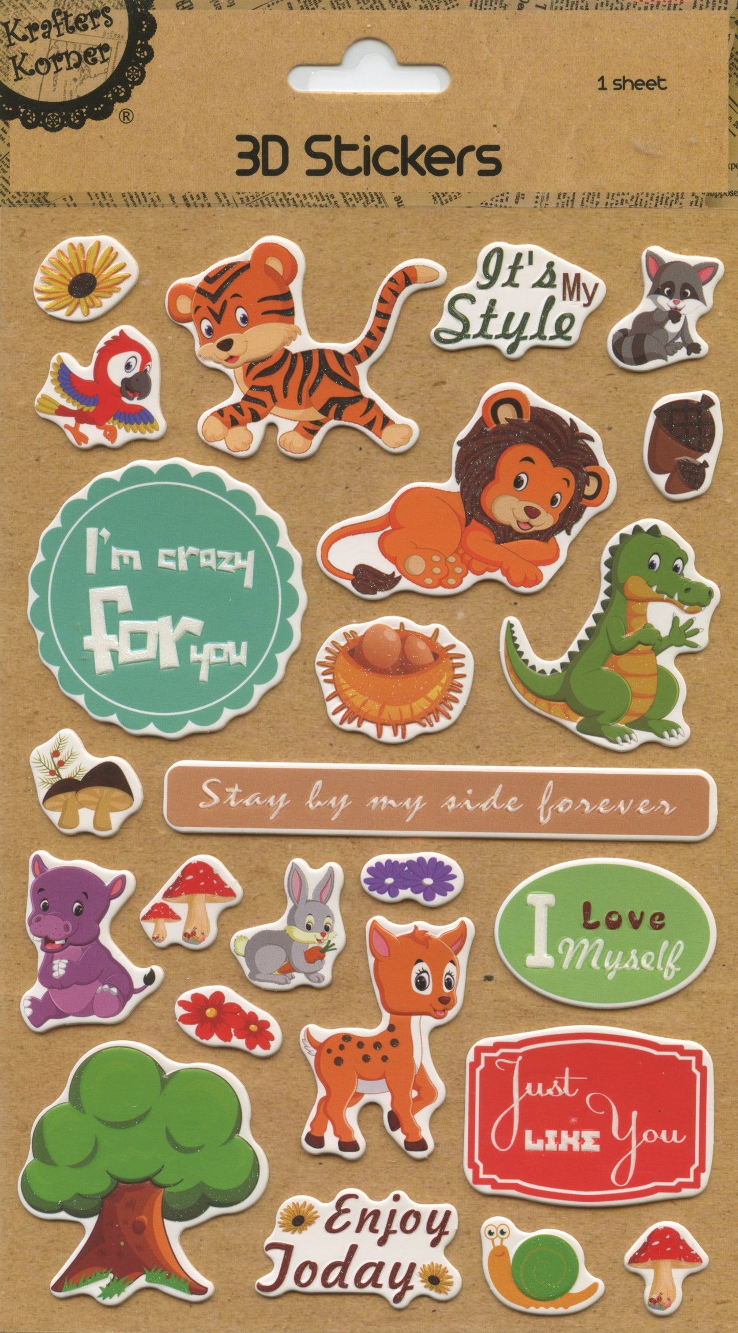 3D Self Adhesive Stickers - Cute Animals -1 Sheet - 24 pc