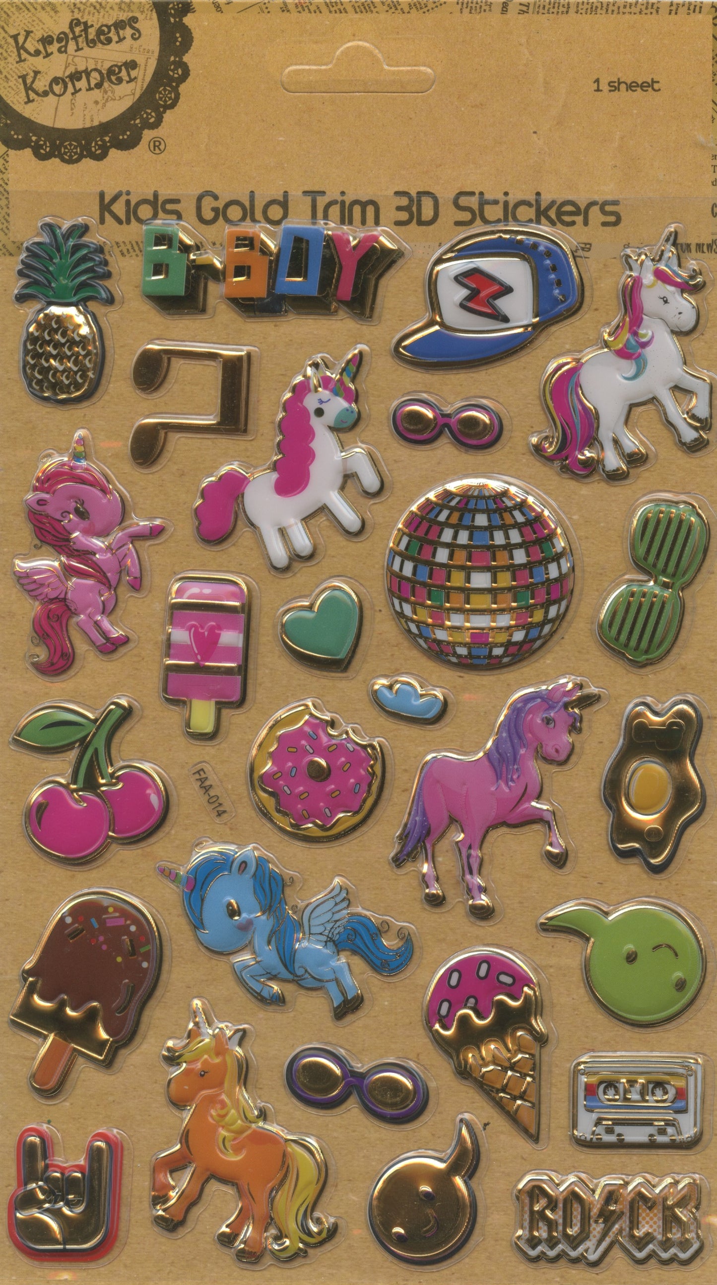 Kids 3D Puffy Stickers - 1 sheet - Unicorns/Music/Food - 27 pc