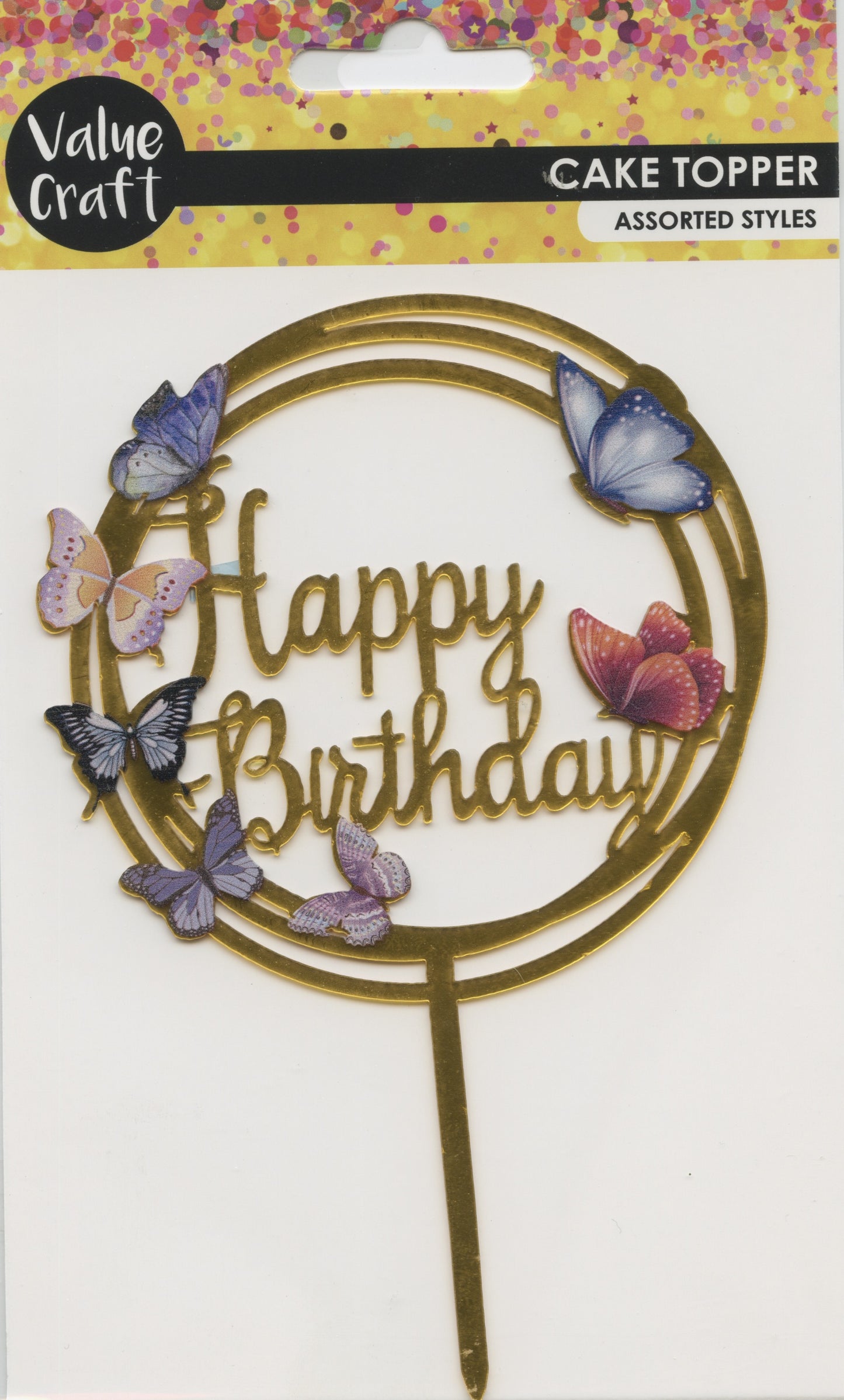 Cake Topper - Happy Birthday - Gold with Butterflies - 1 pc