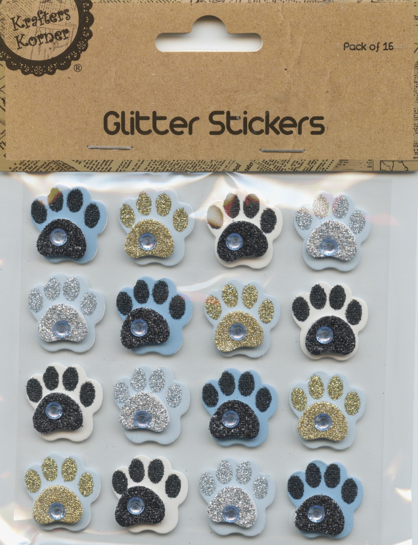 3D Glitter Stickers - Paws - Blue Tones & White - 1 sheet - 16pk