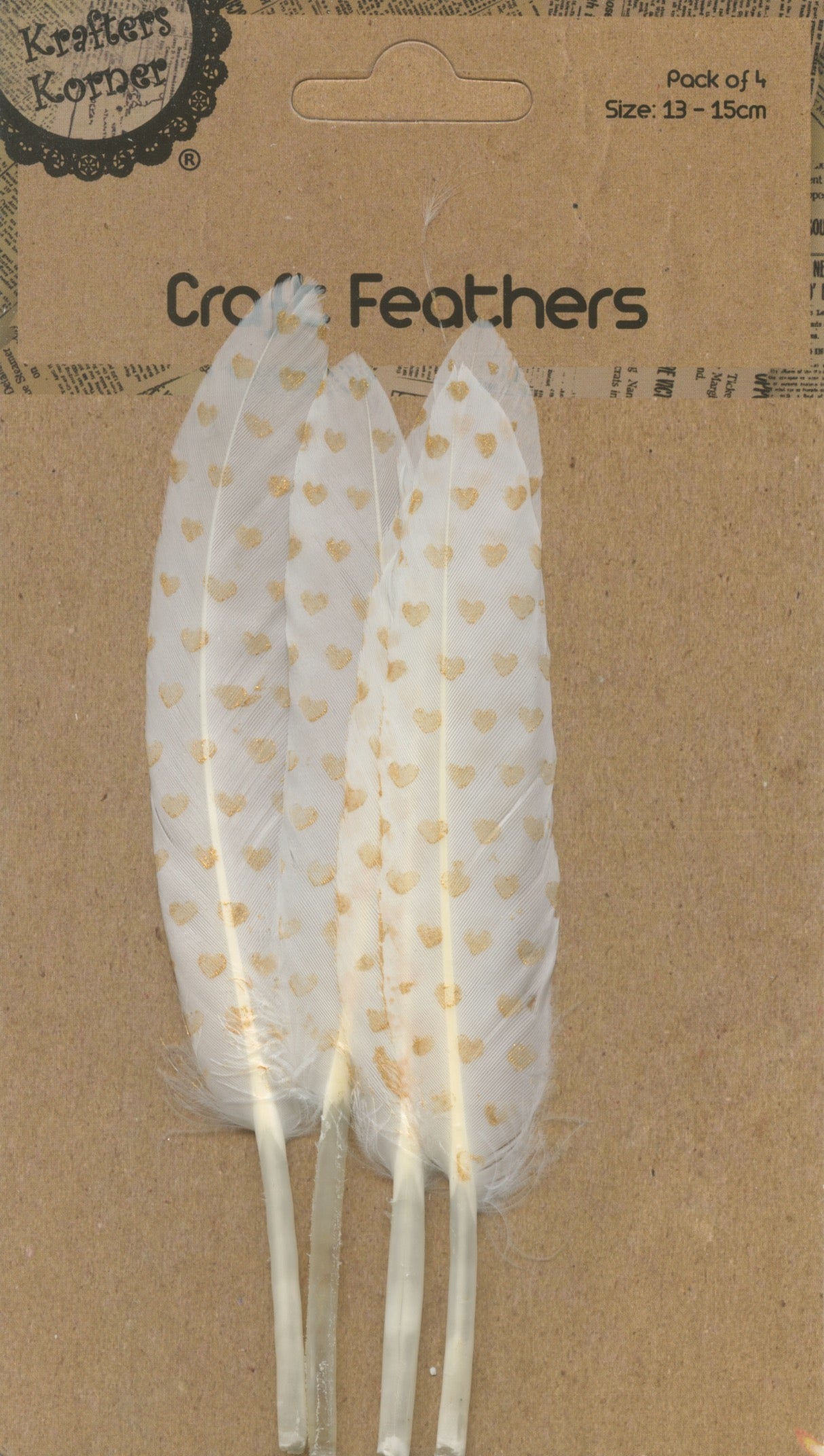 Craft Feathers - White with Gold Hearts - 4 pack