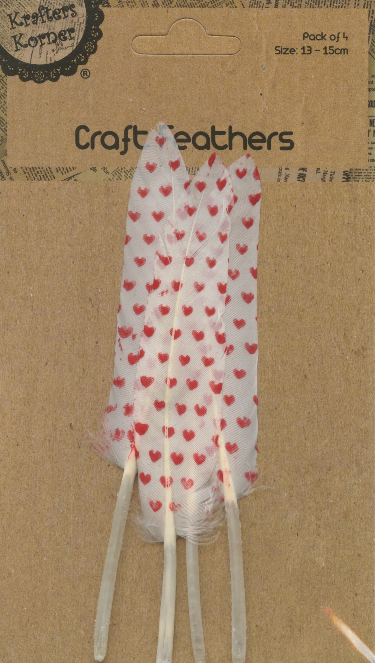 Craft Feathers - White with Red Hearts - 4 pack