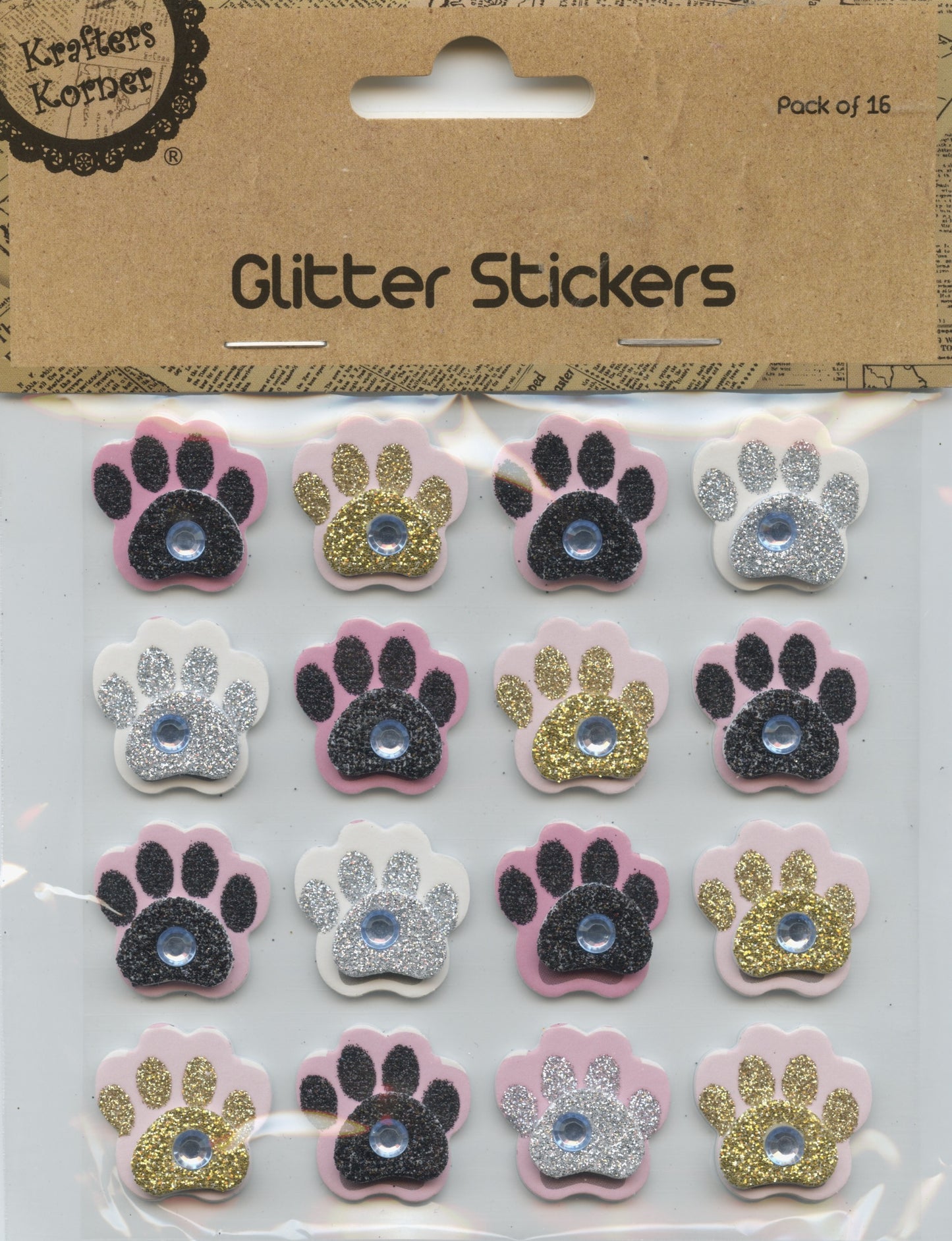 3D Glitter Stickers - Paws - Pink Tones & White - 1 sheet - 16pk