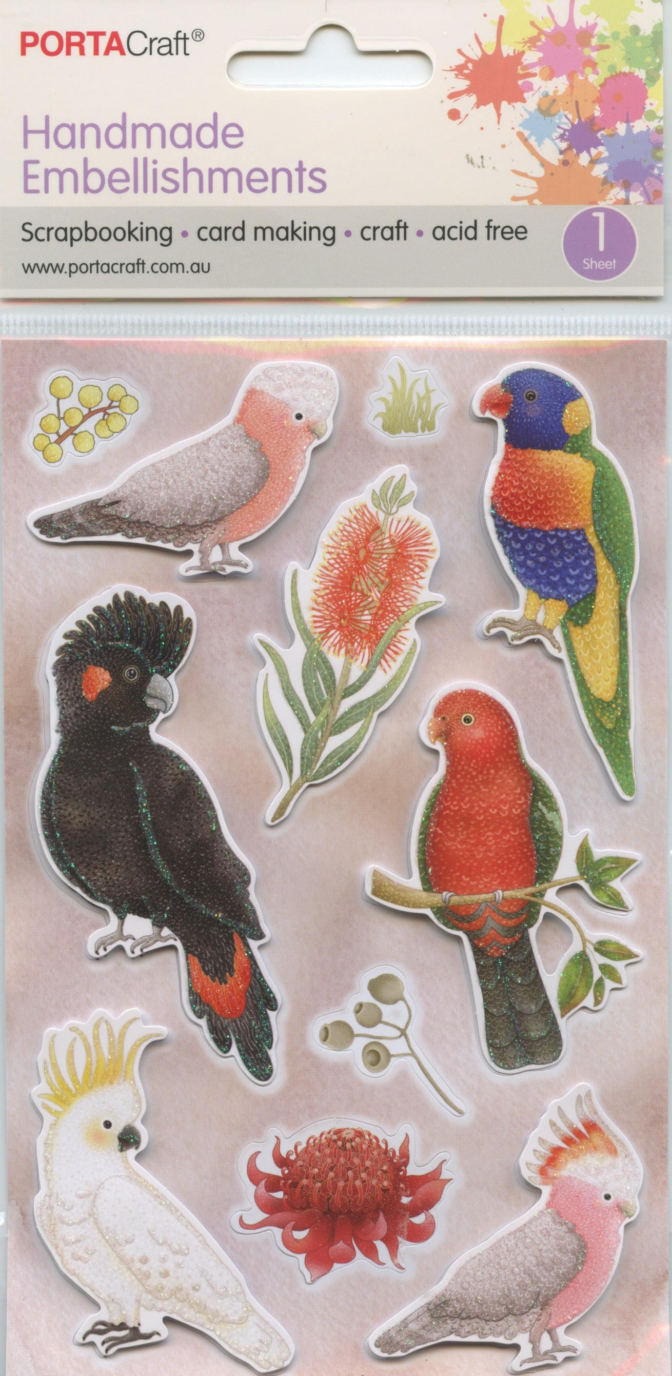 Porta Craft Handmade Embellishments - Parrots & Native Flowers - 11pc
