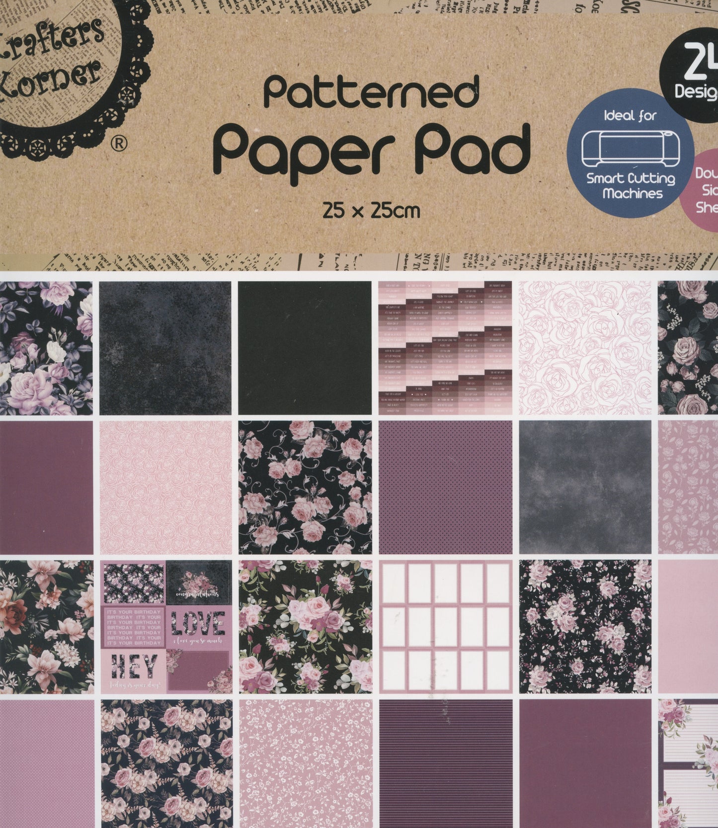 Flowers/Patterns/Plain - Paper Pad - 24 Designs - 24 Double sided sheets - 25x25cm