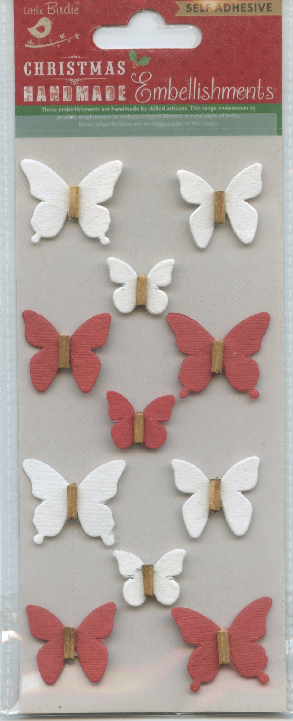 Little Birdie Handmade Christmas Embellishments Self Adhesive 3D Beaded Mini Butterflies Red and White 11pc